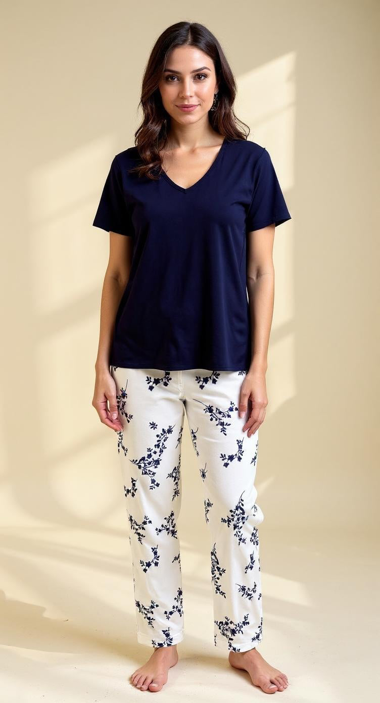 White blue pants with navy viscose Tshirt