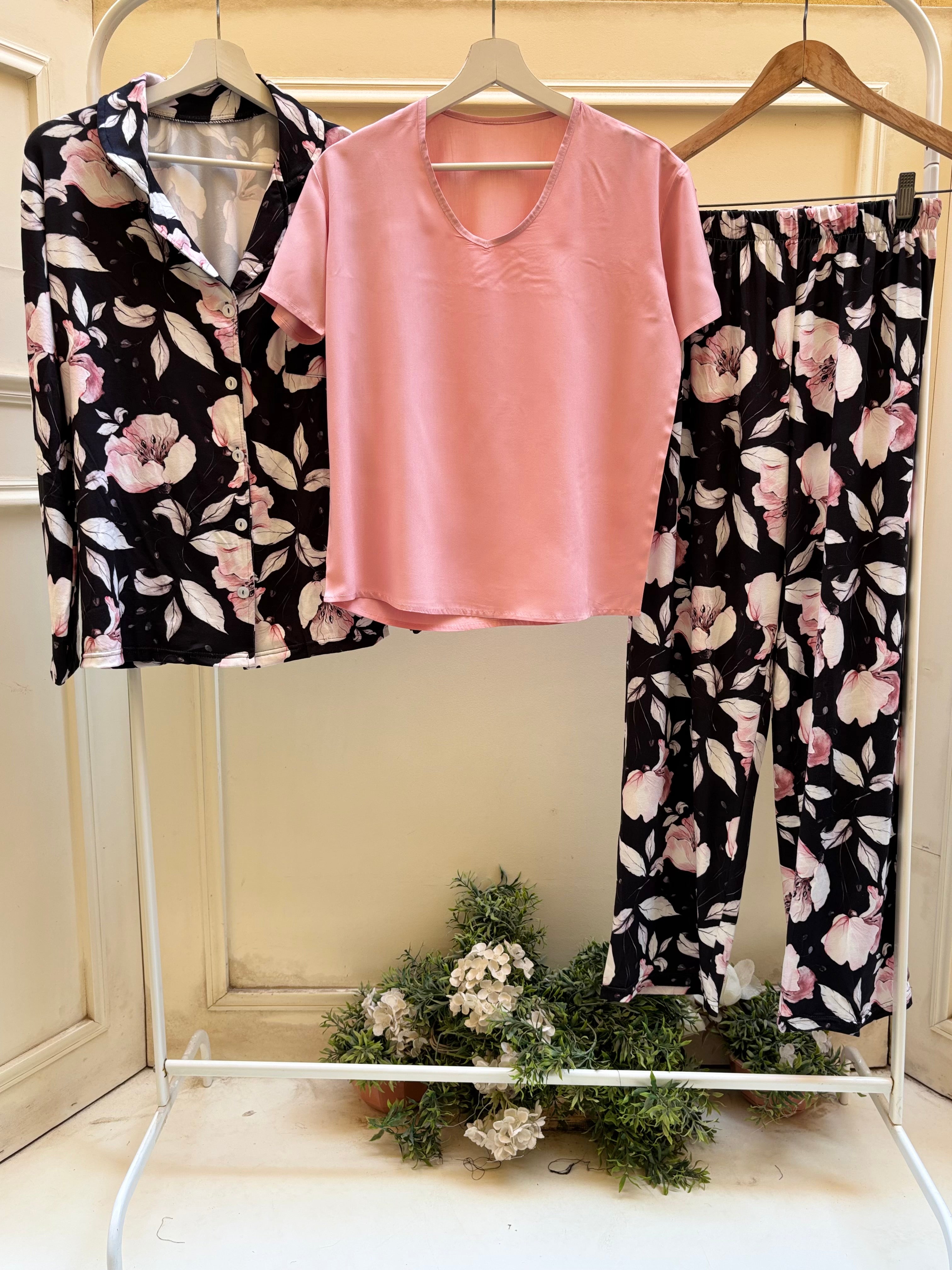 3 pieces set black rose full sleeves buttoned set with simon viscose top