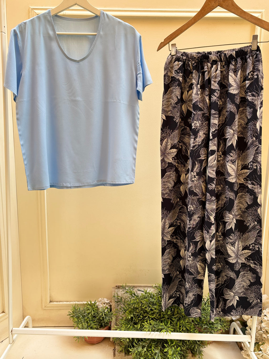 Navy leaves pants with Baby blue Tshirt