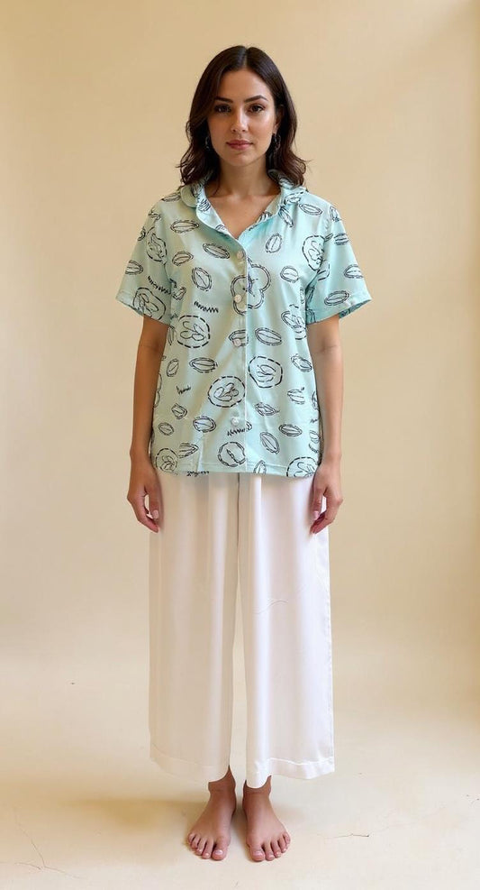 Mint flower buttoned top with white soft pants