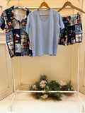 3 Pieces set Mickey collage half sleeves buttoned top and short with baby blue viscose Top
