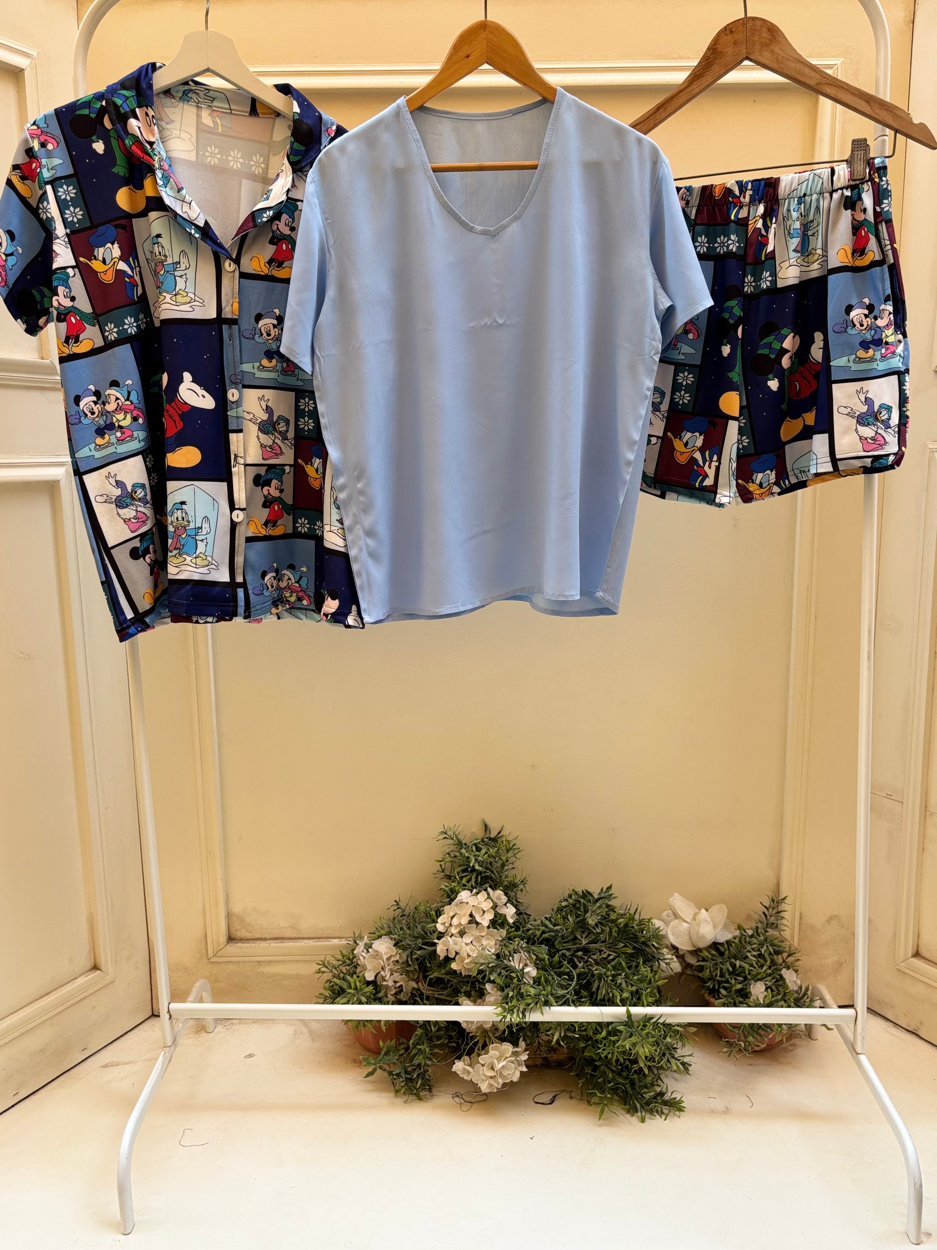 3 Pieces set Mickey collage half sleeves buttoned top and short with baby blue viscose Top