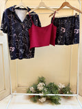 3 pieces set butterfly buttoned set with maroon cut top