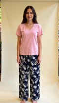 Navy woorod pants with pink Tshirt