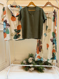 3 pieces set sahara half sleeves buttoned set with olive viscose top