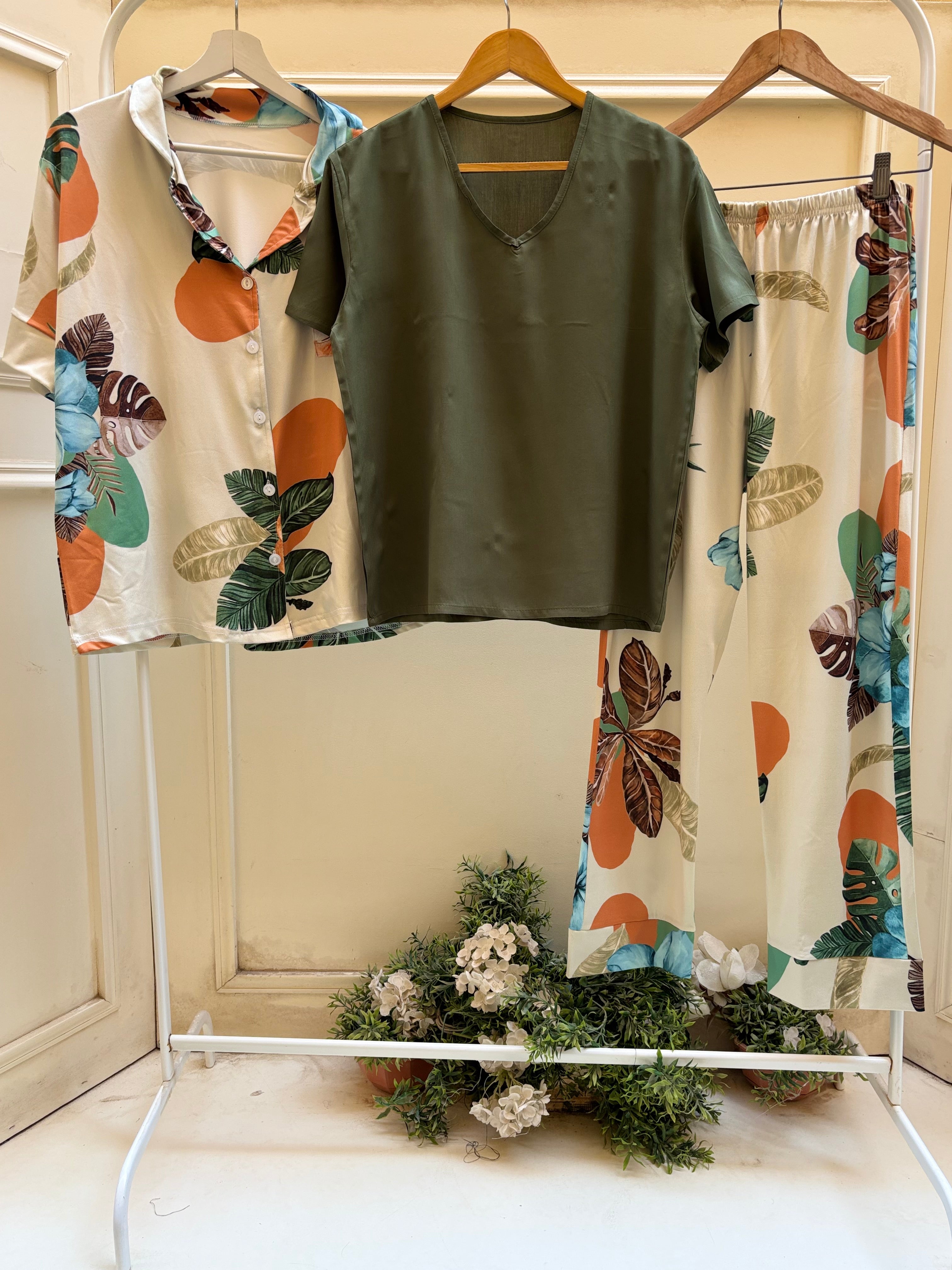 3 pieces set sahara half sleeves buttoned set with olive viscose top