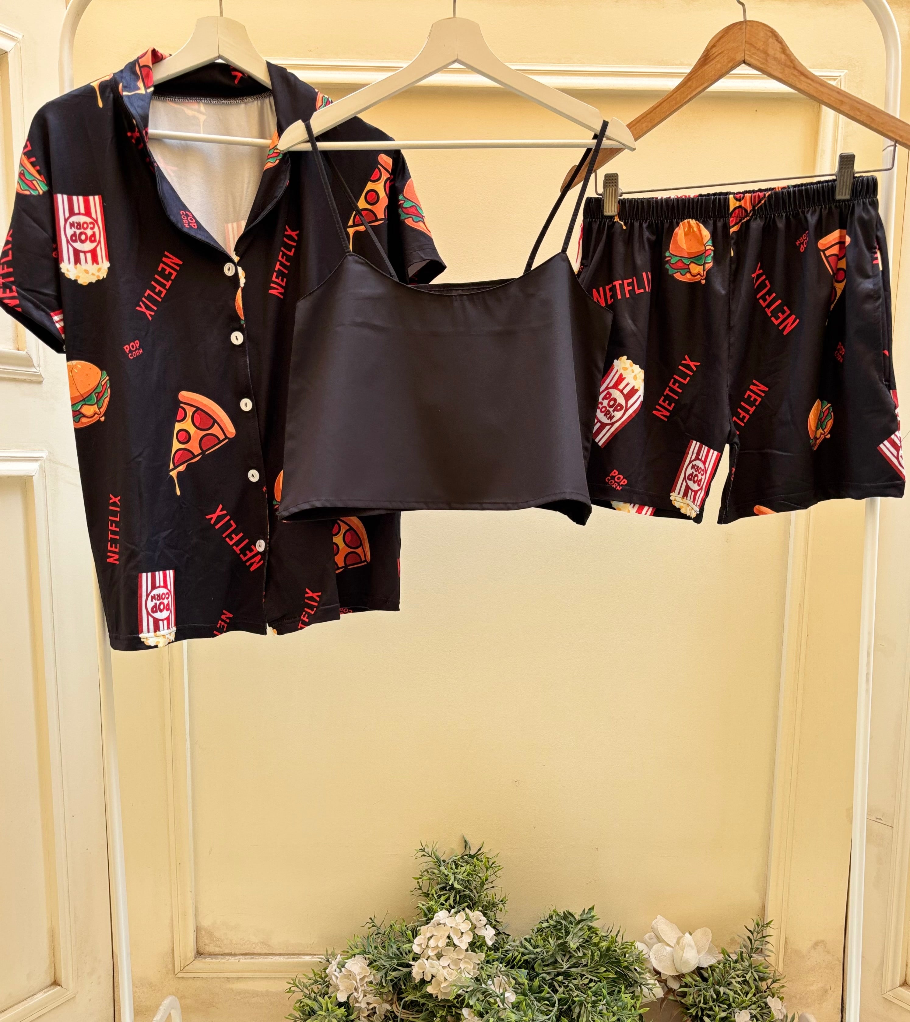 3 pieces set Black netflix buttoned top and short set with black cut top