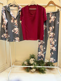 3 pieces set Grey flowers buttoned set with burgundy Viscose Tshirt