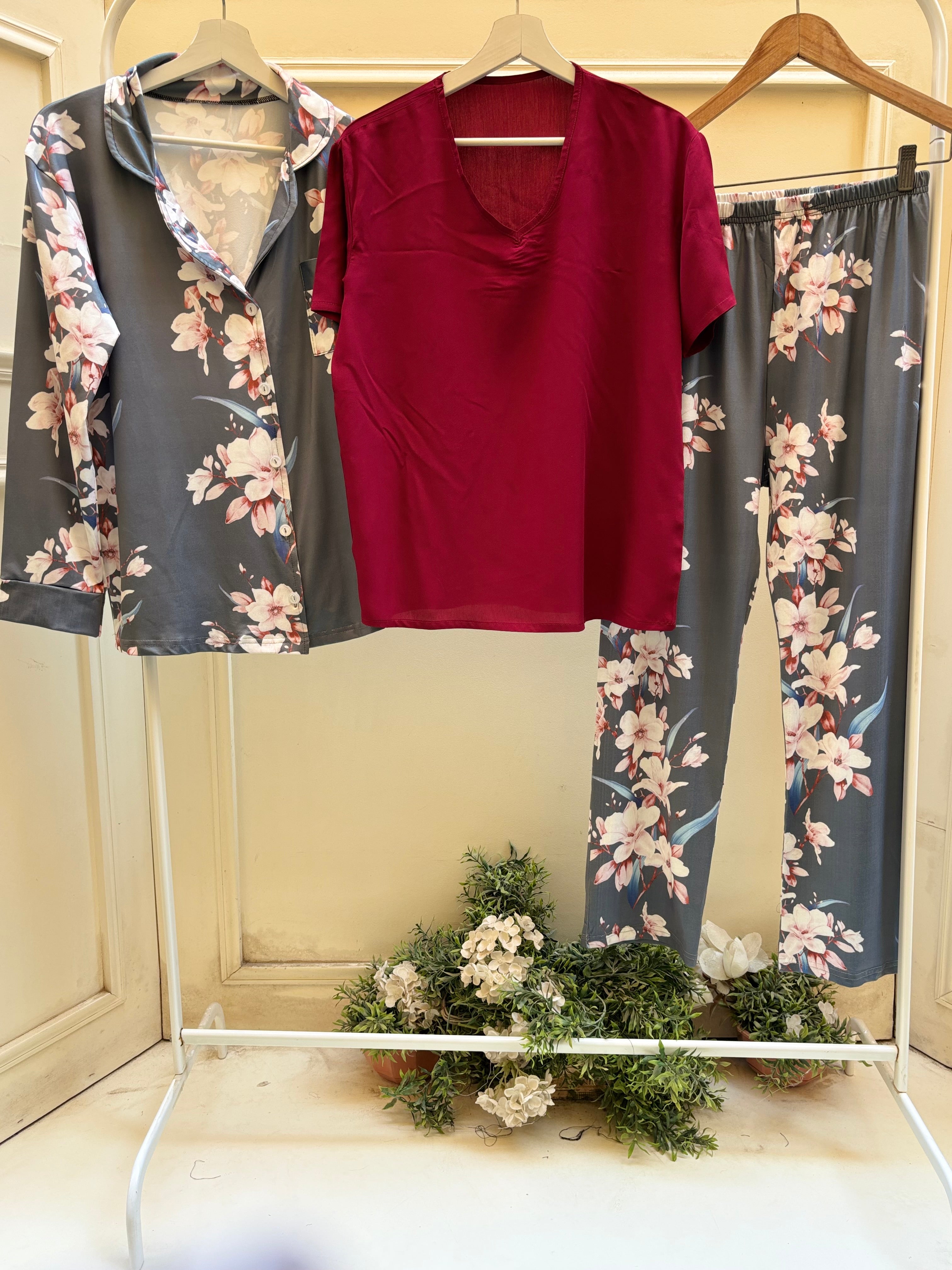 3 pieces set Grey flowers buttoned set with burgundy Viscose Tshirt