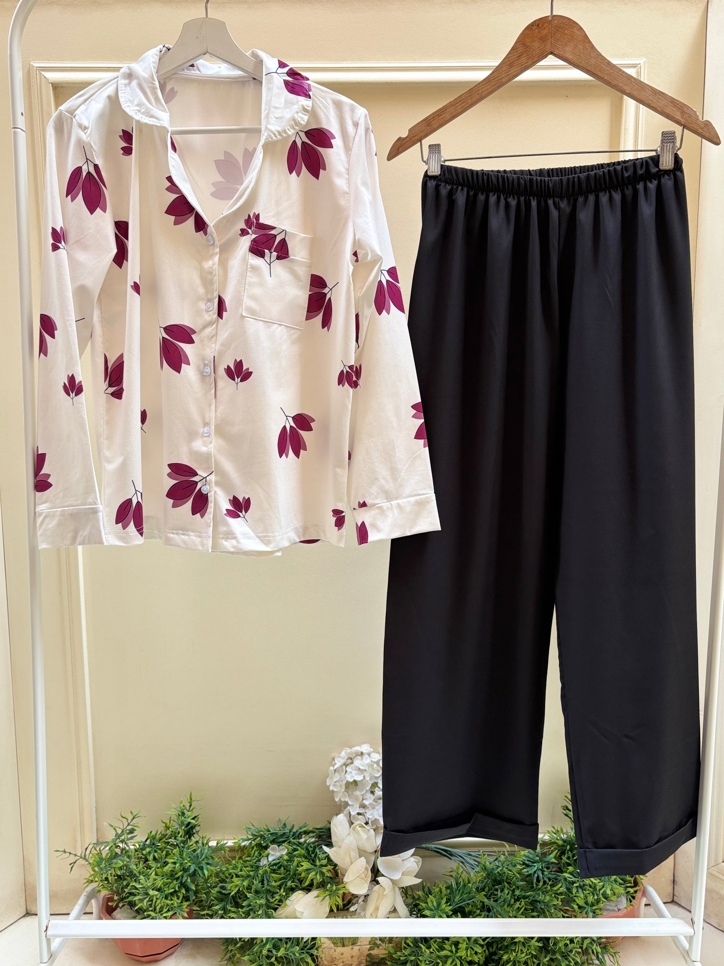 Purple shadows buttoned top with black soft pants