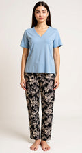 Navy leaves pants with Baby blue Tshirt
