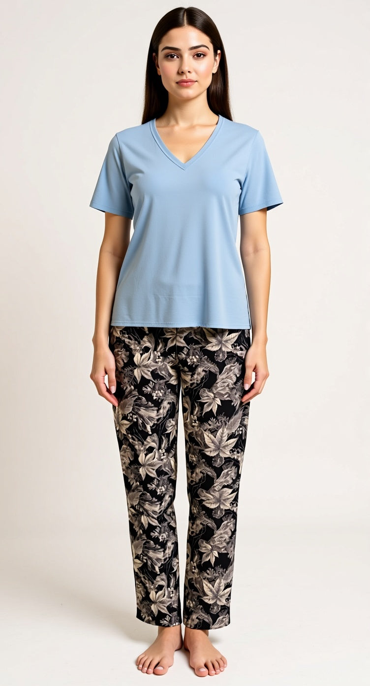 Navy leaves pants with Baby blue Tshirt