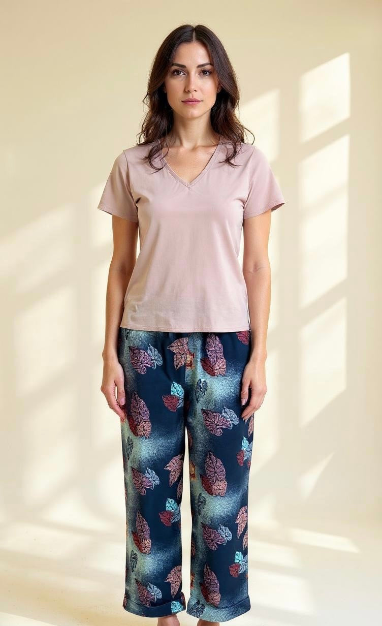 Black All leaves pants with beige Tshirt