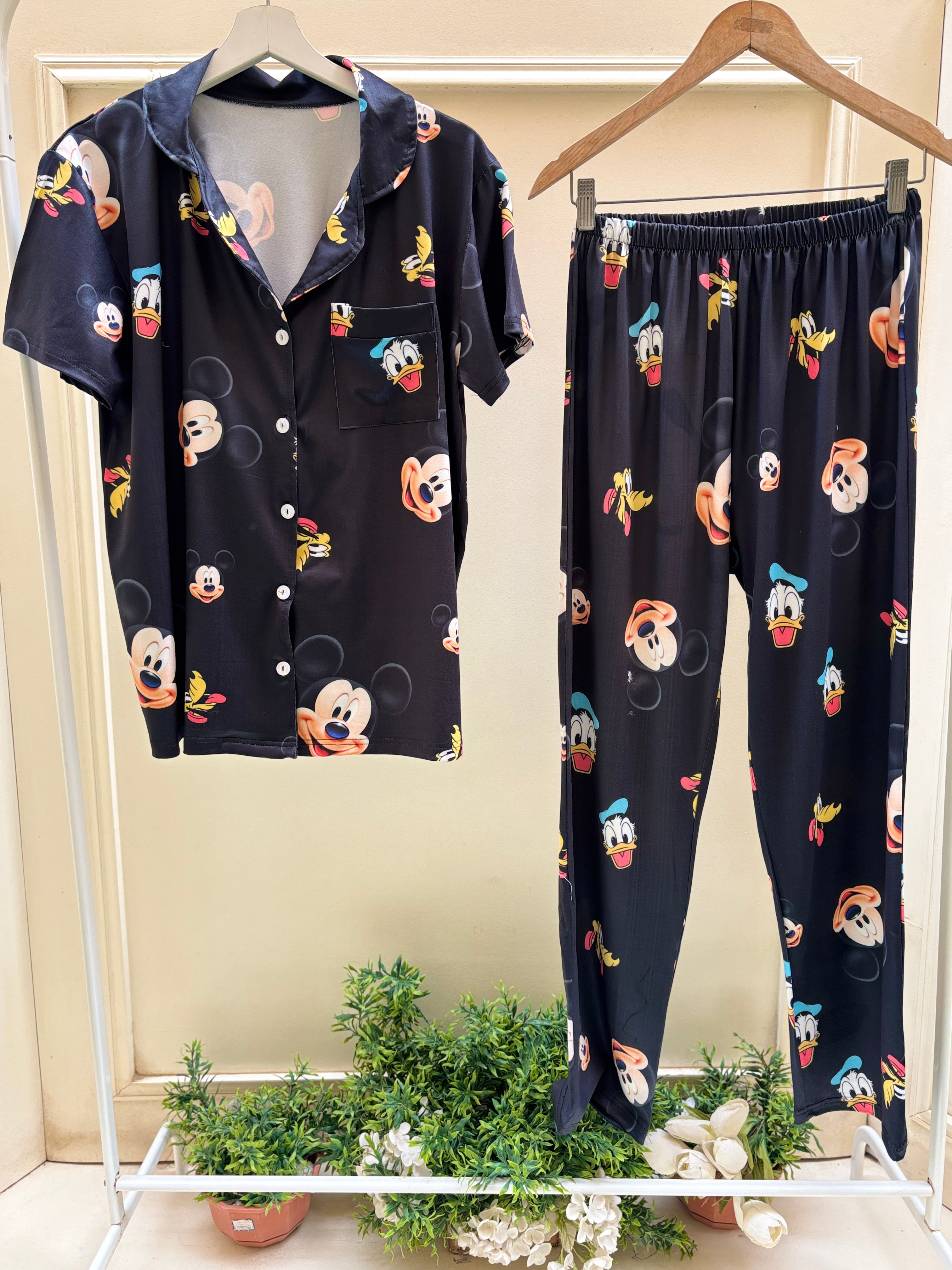 Black disney half sleeves buttoned set