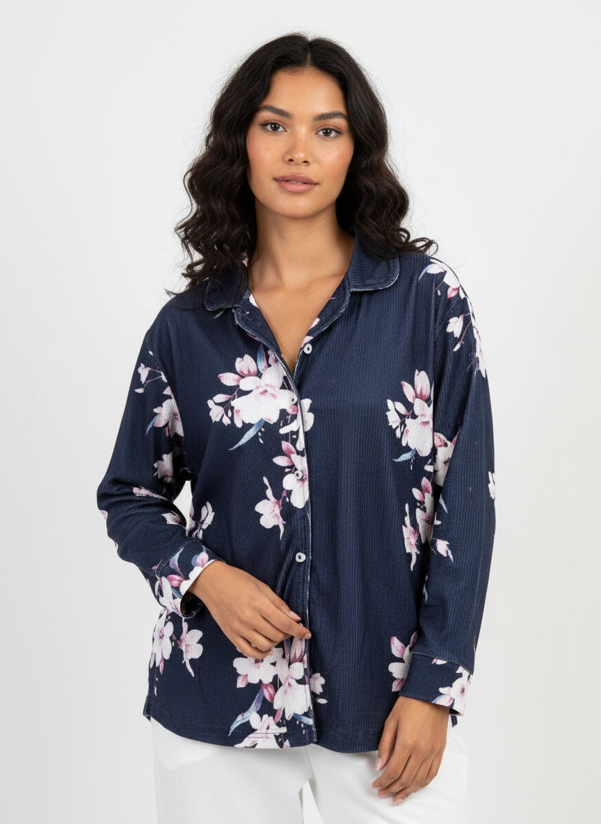 Navy flower buttoned top MD only