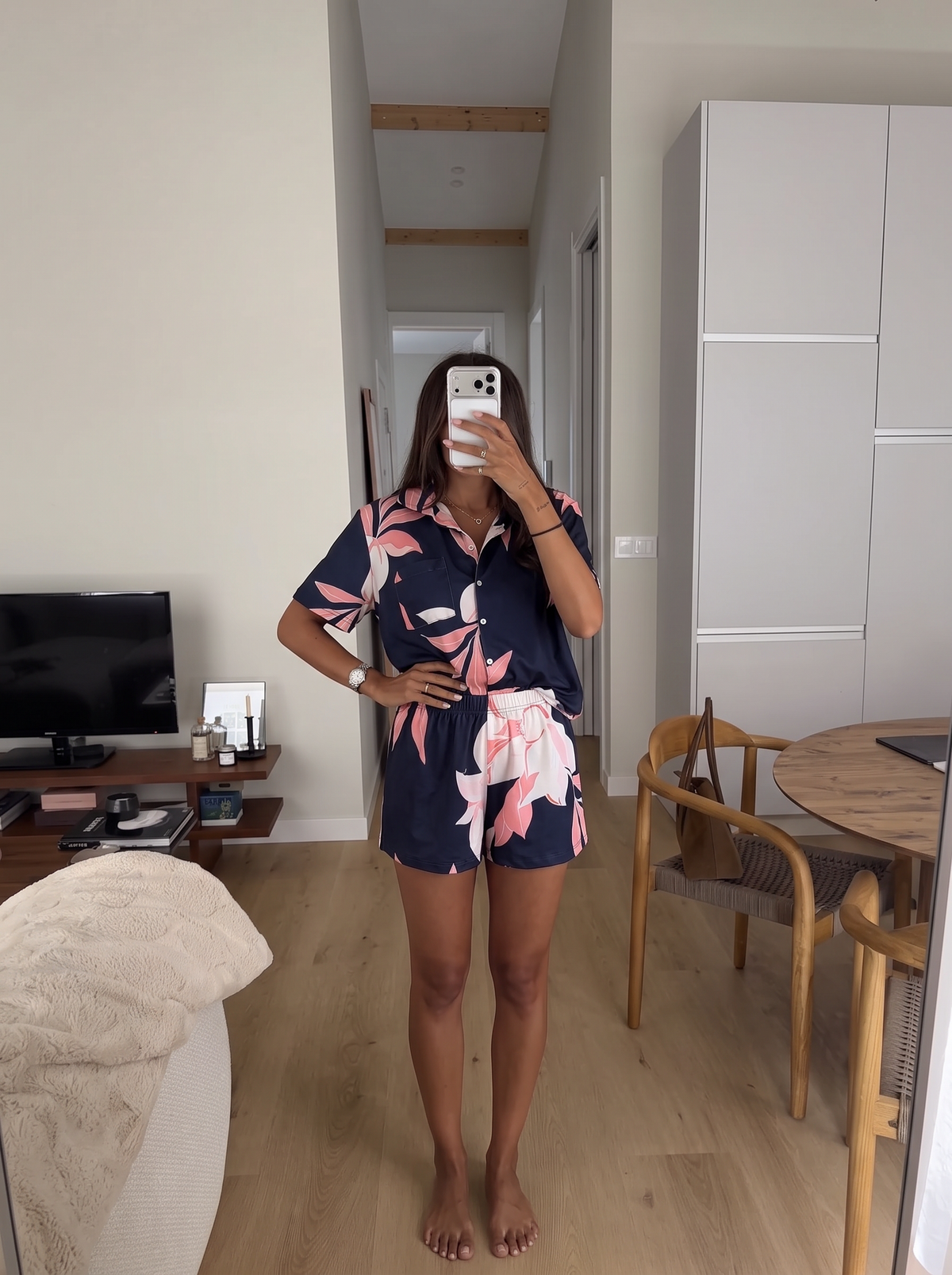 Navy pink buttoned floral set
