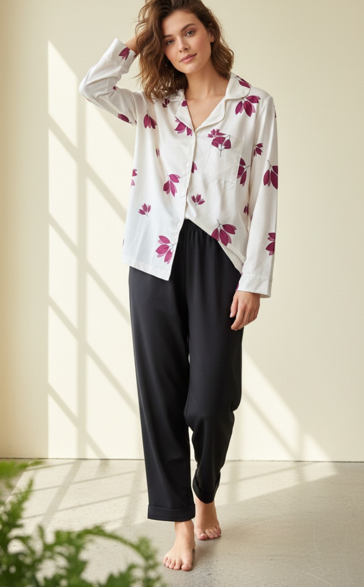 Purple shadows buttoned top with black soft pants