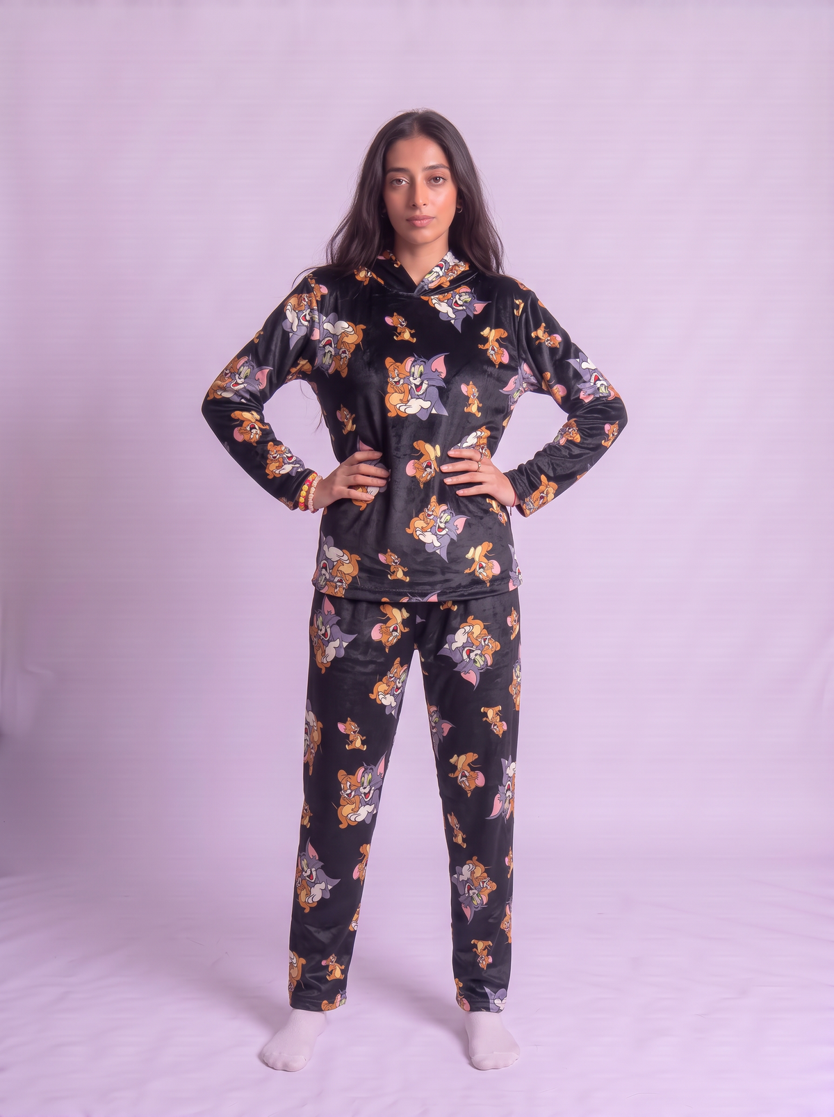 Black tom and jerry hoodie velvet set