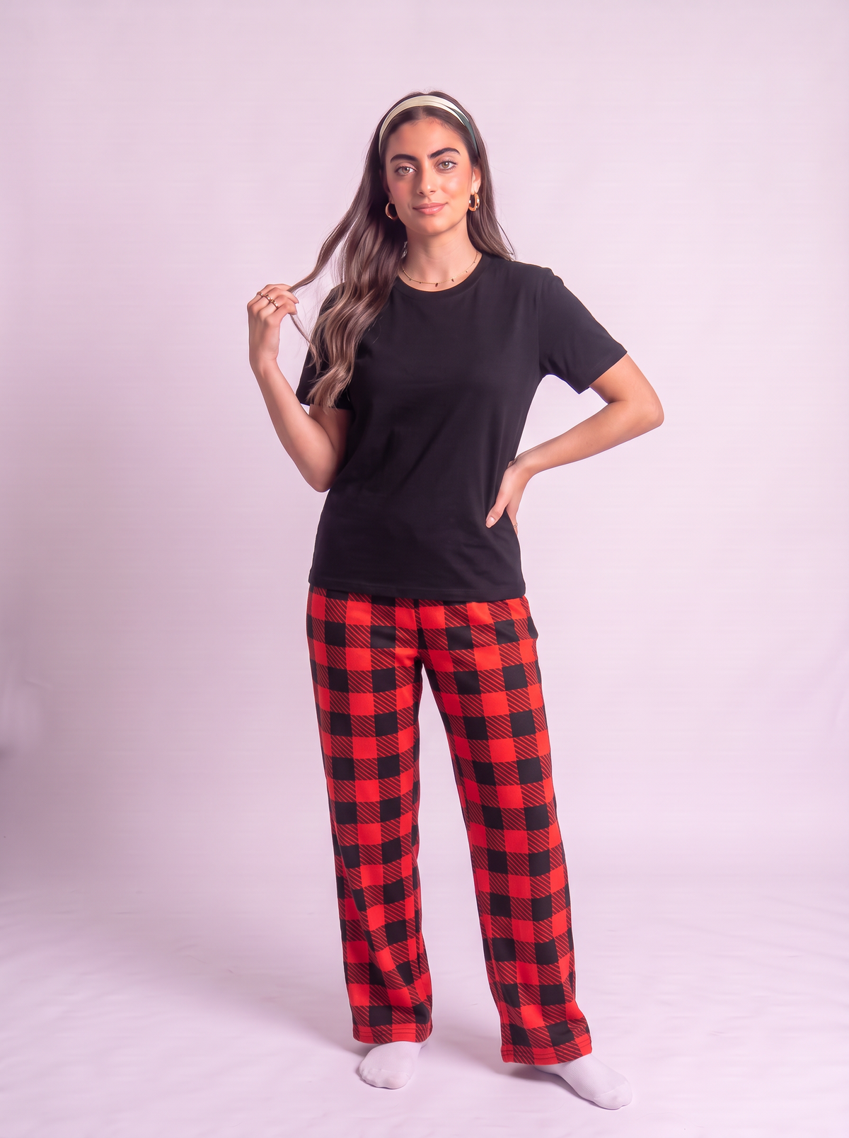 New red careaux pants with black cotton Tshirt