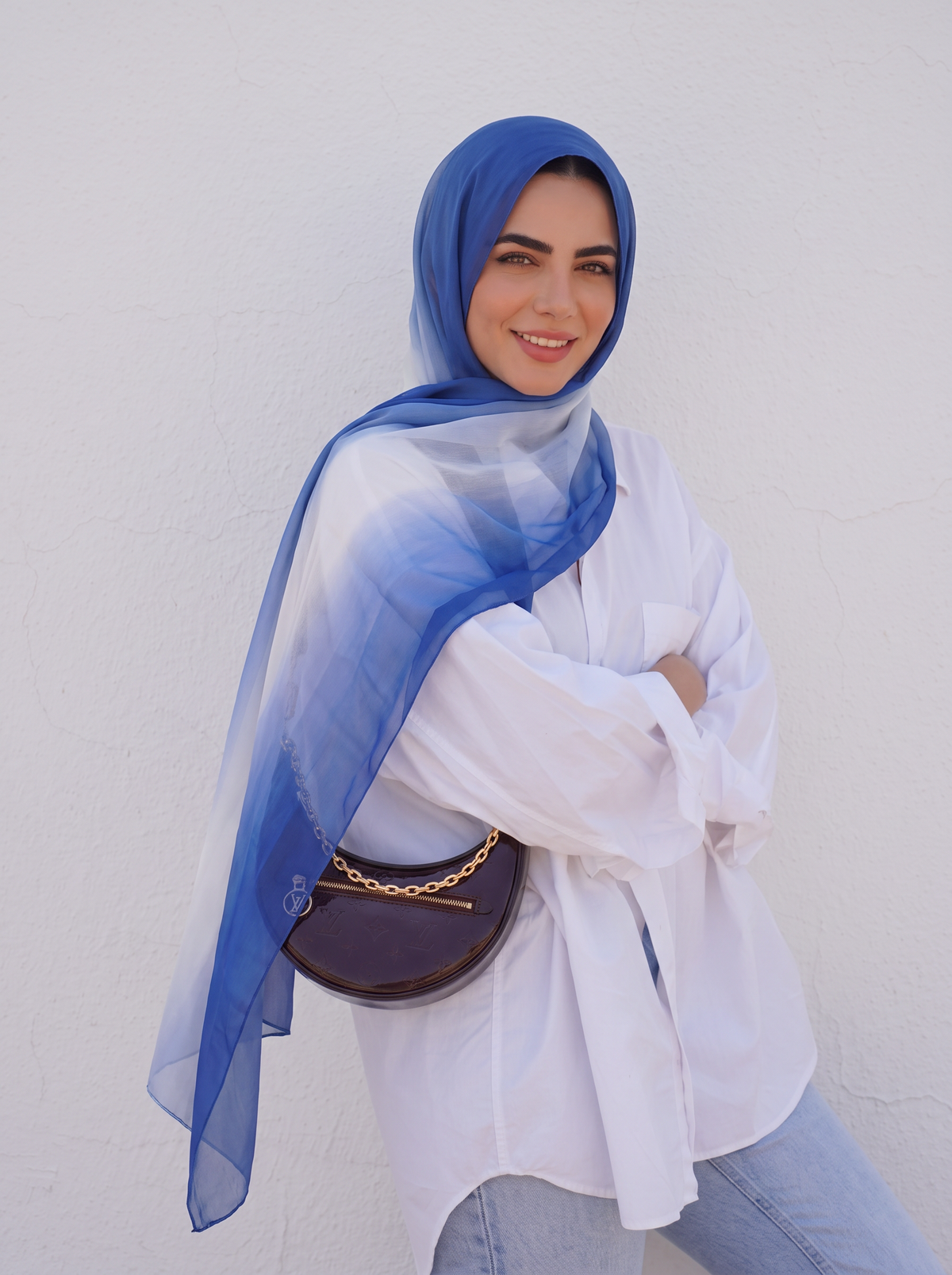 Ombre chiffon electric blue and white scarf