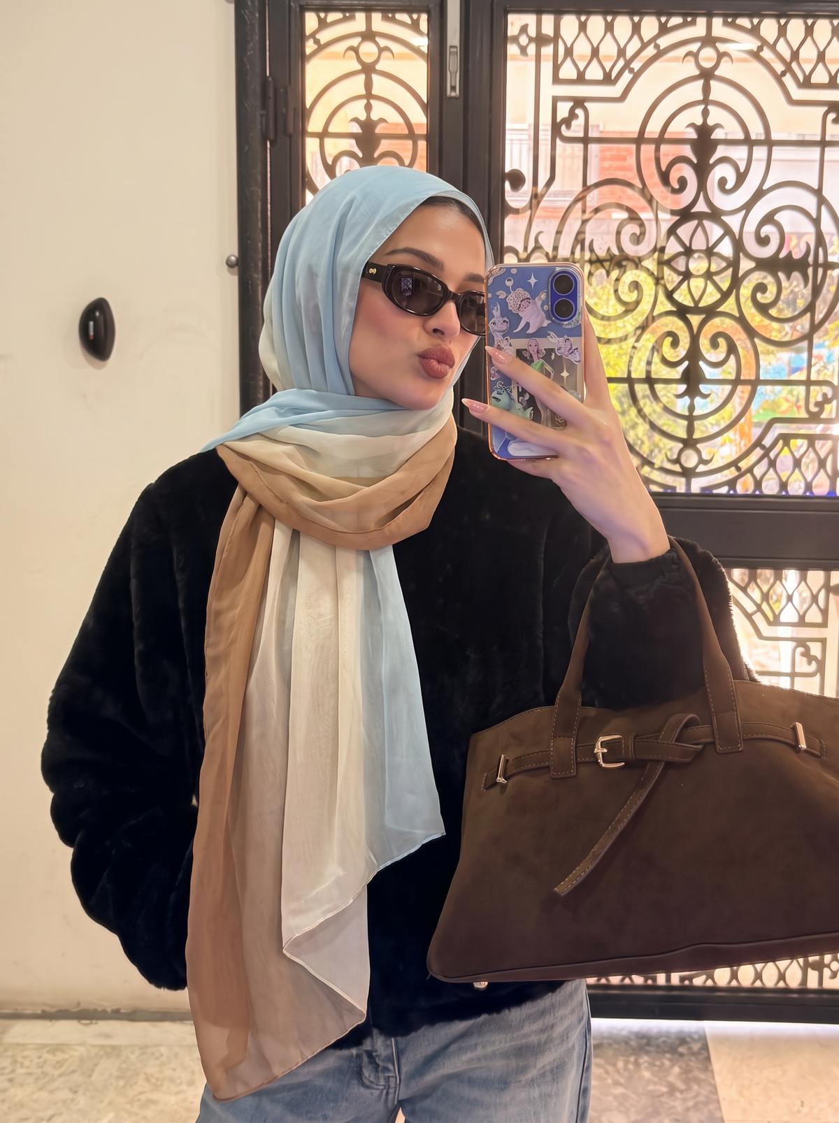 Ombre chiffon camel beige baby blue scarf