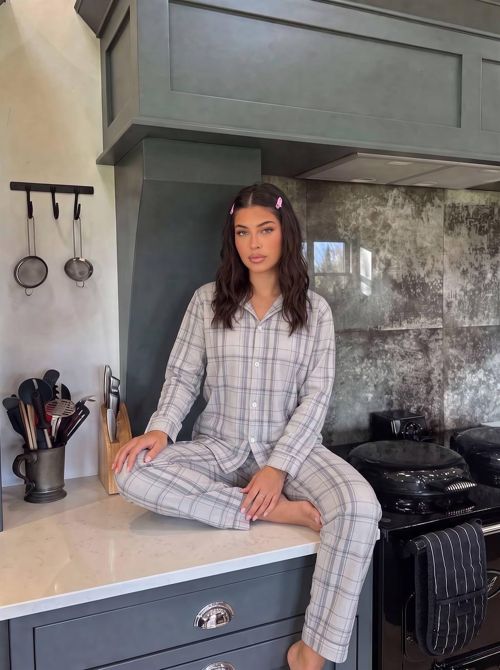 Light grey velvet buttoned set