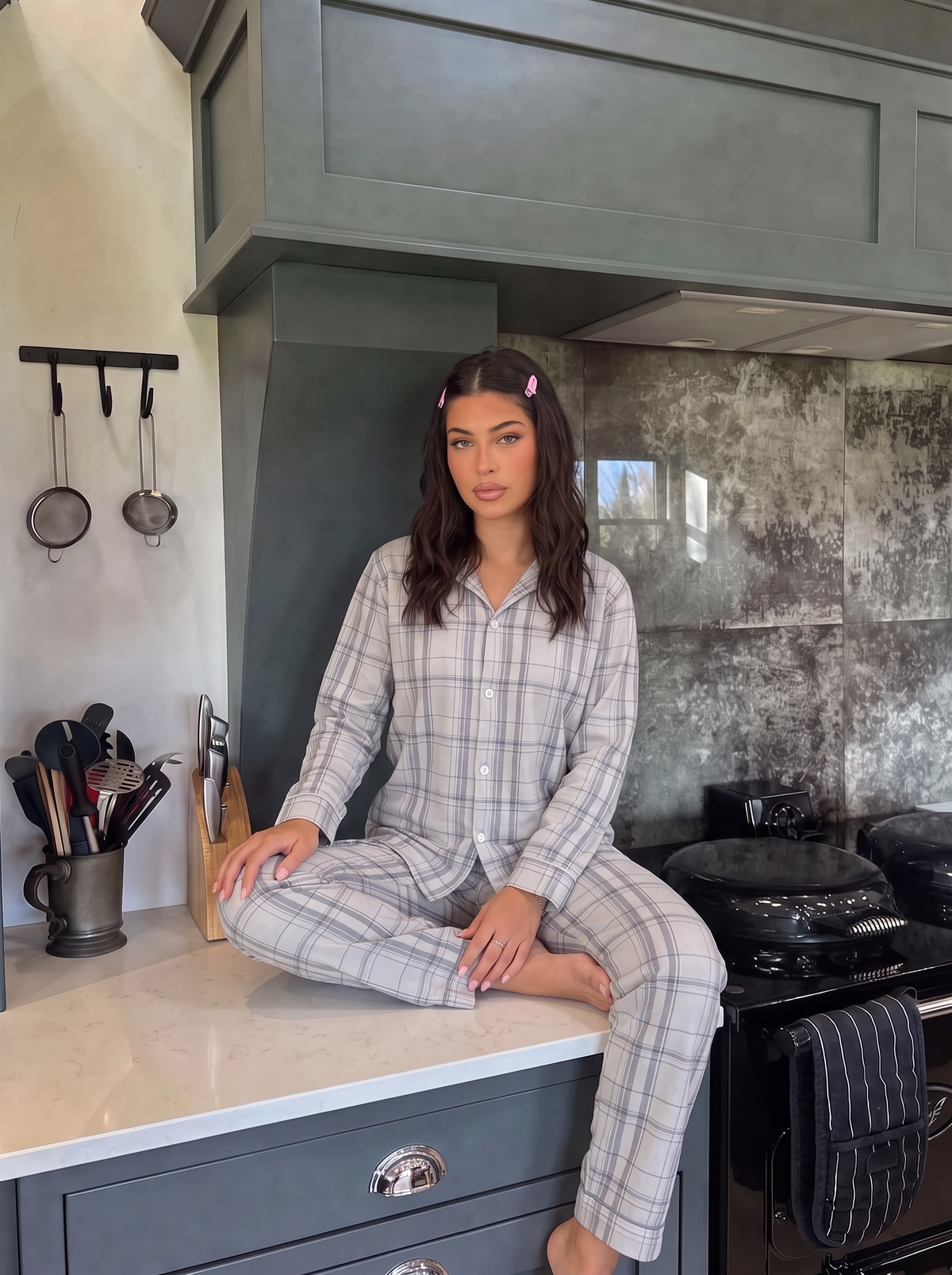 Light grey velvet buttoned set