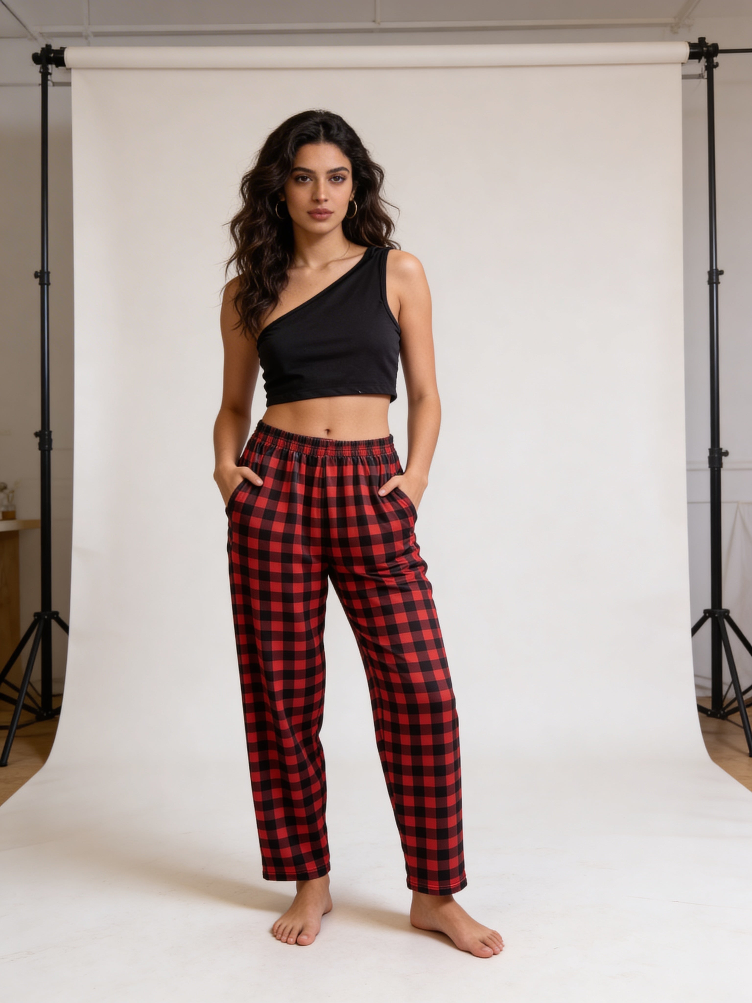 Black one shoulder with red careaux pants