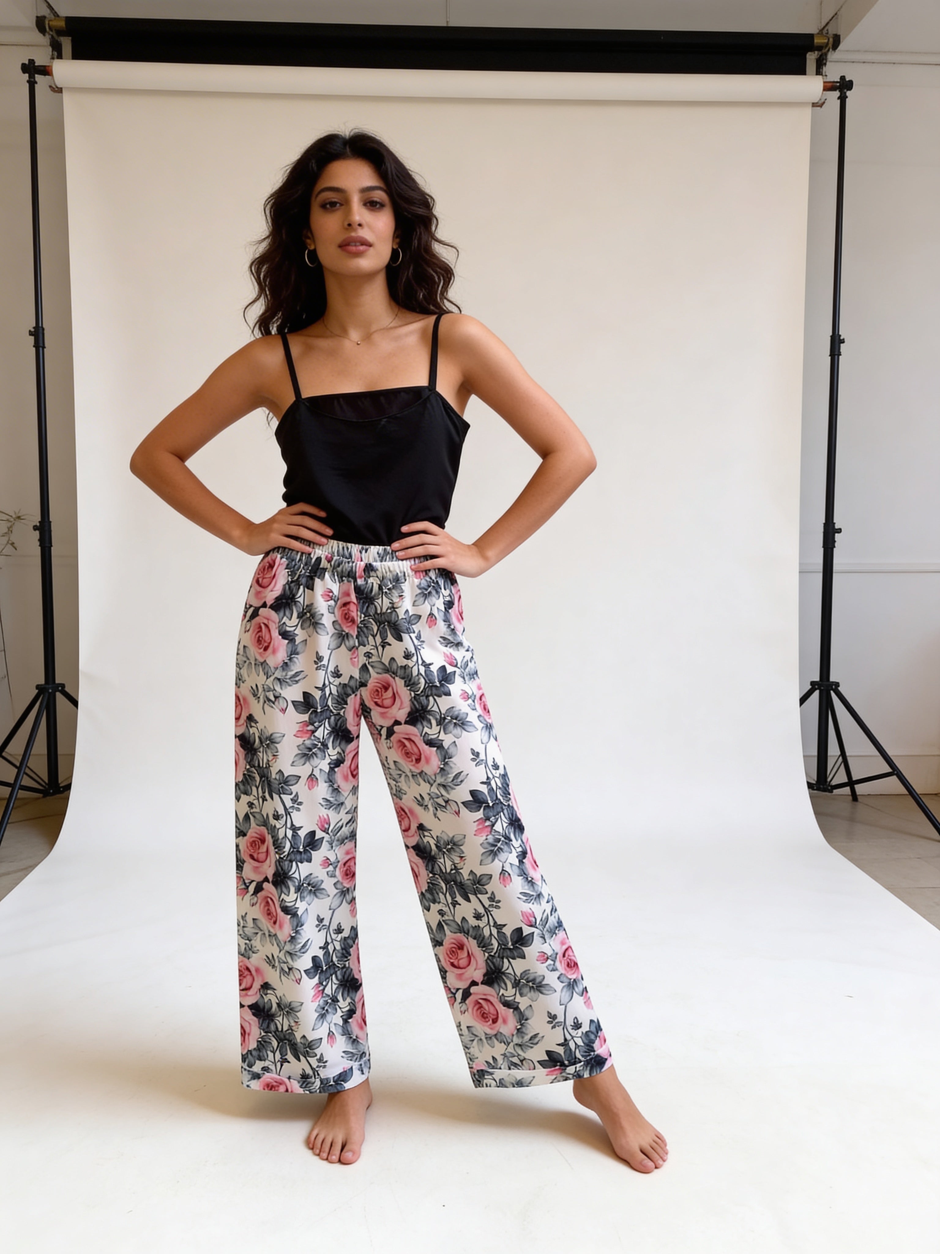 Black cut top with fushia flowers pants