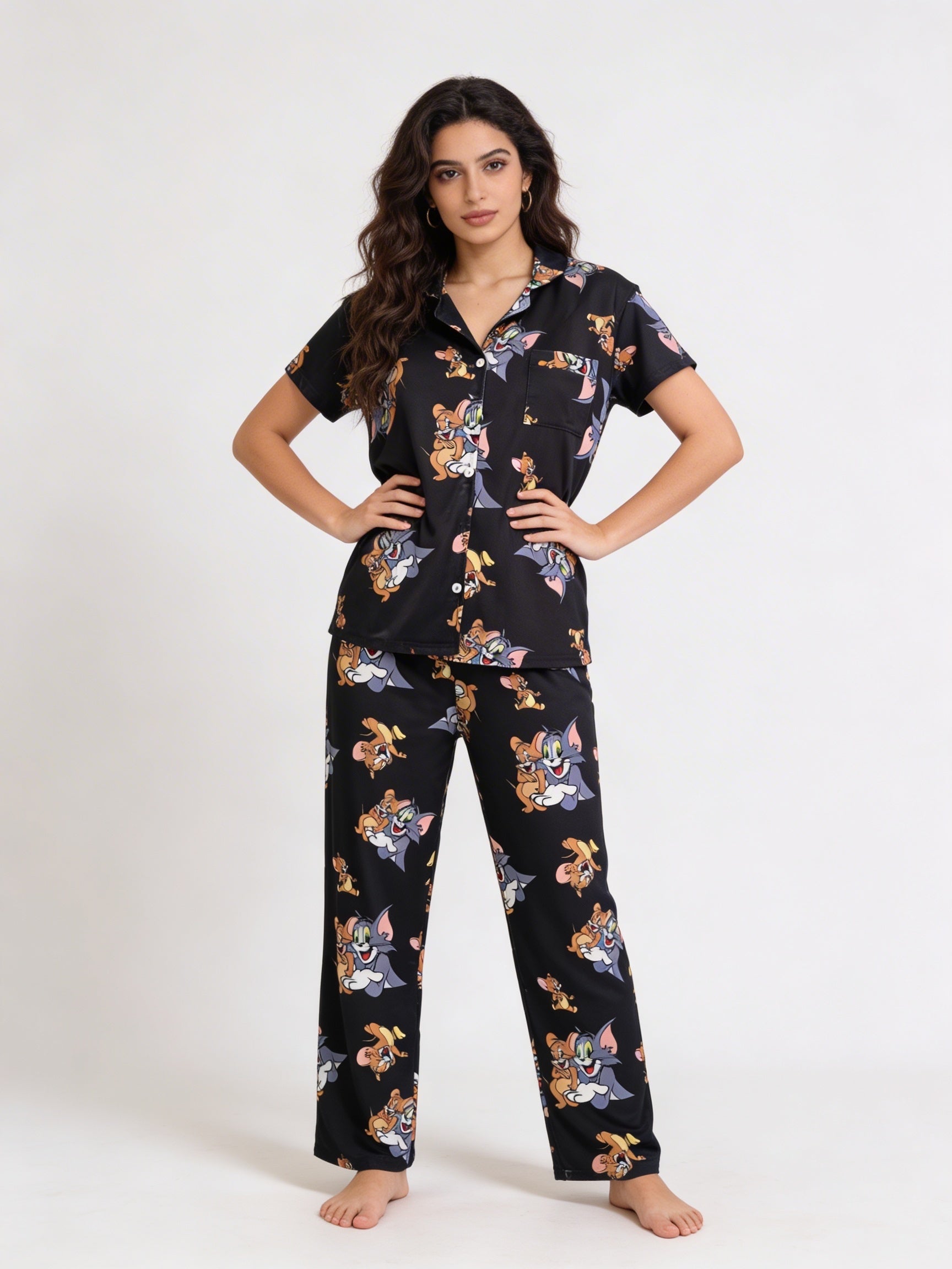 Black tom and jerry half sleeves buttoned set