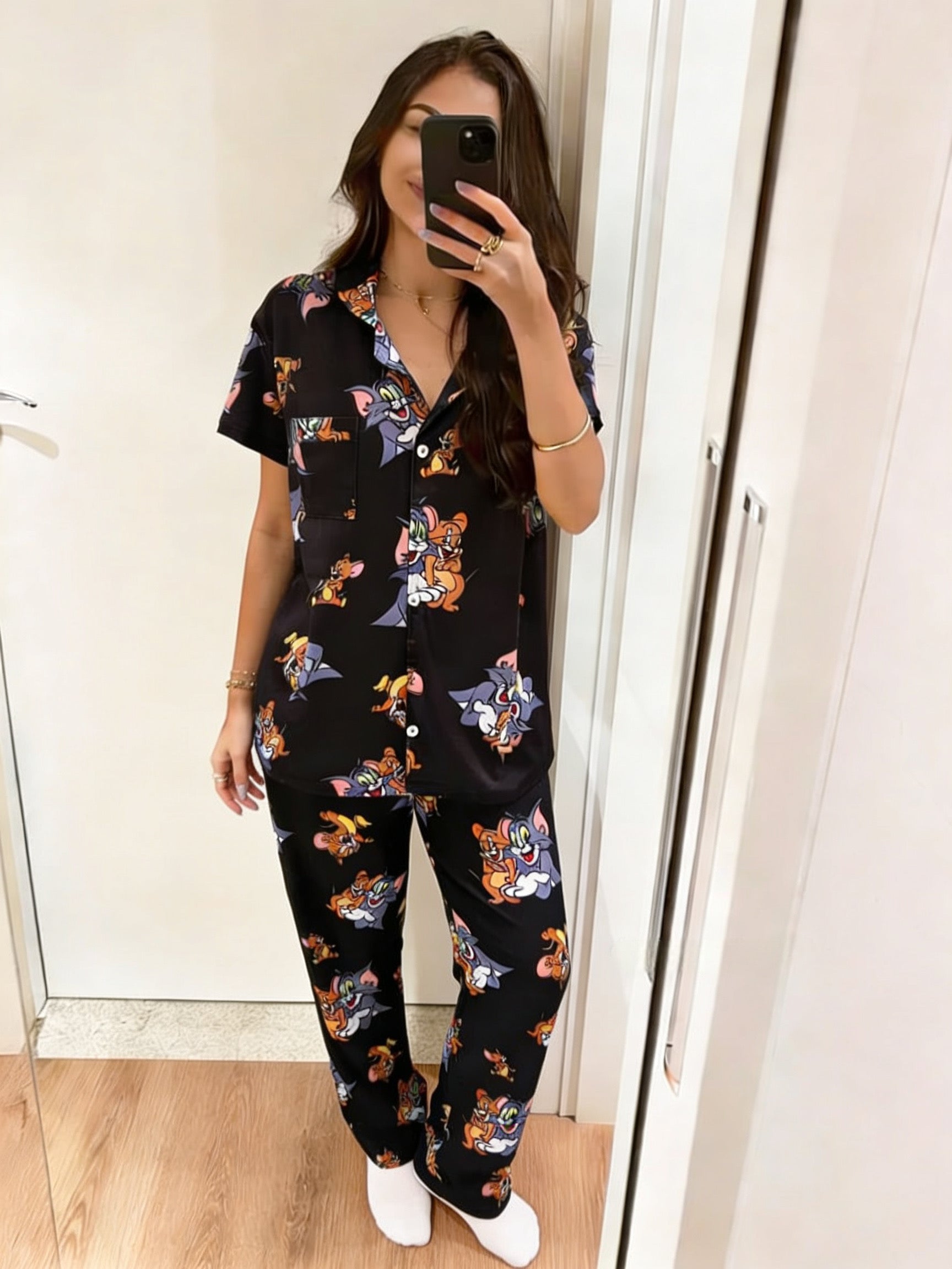 Black tom and jerry half sleeves buttoned set