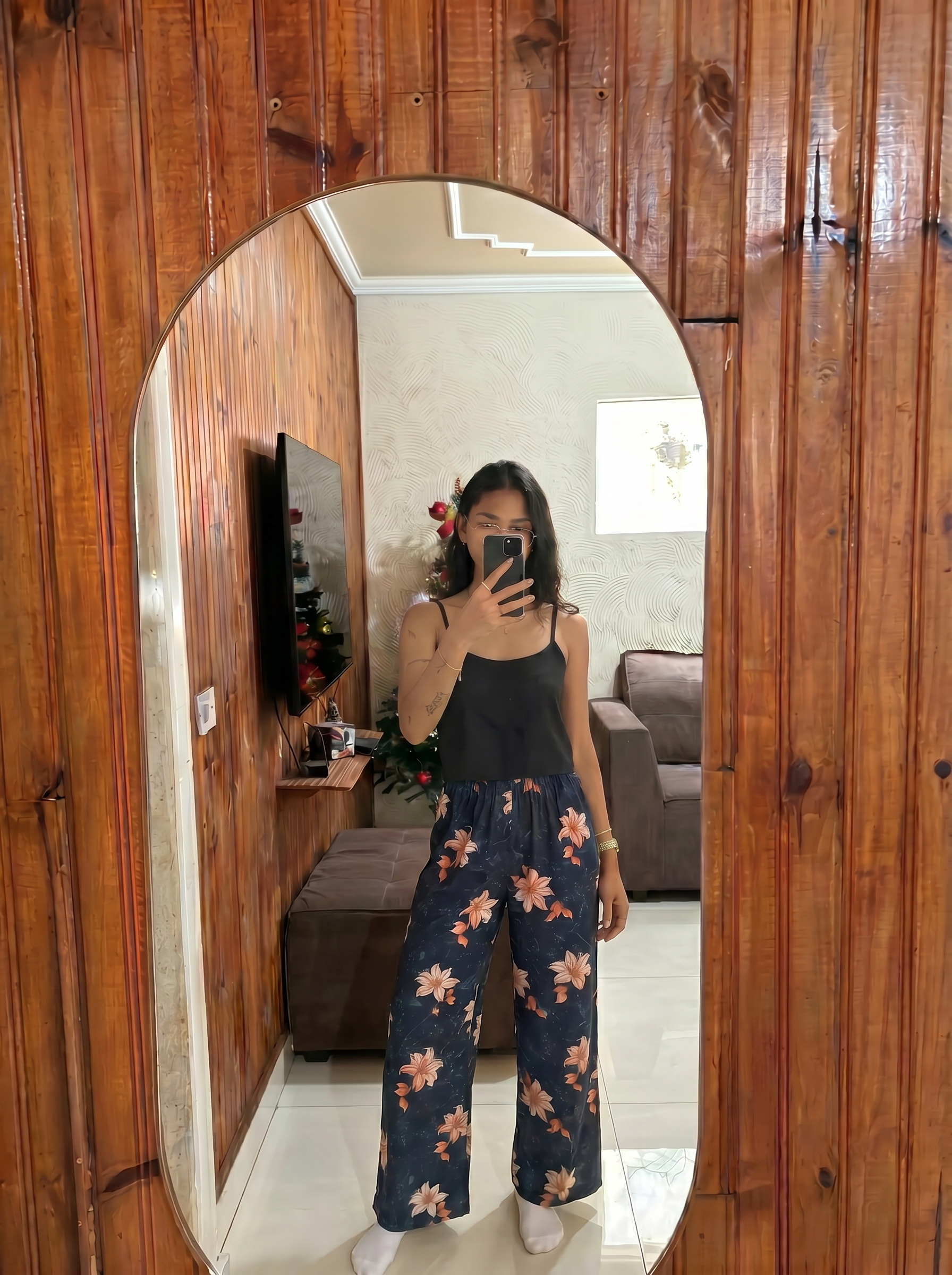 Black cut top with beige pistachio pants