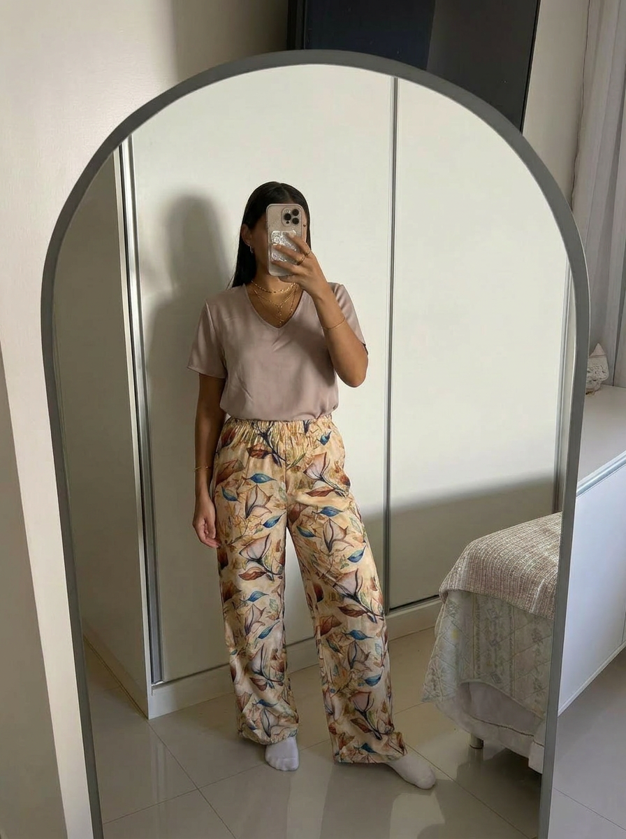 Beige viscose Tshirt with vintage pants