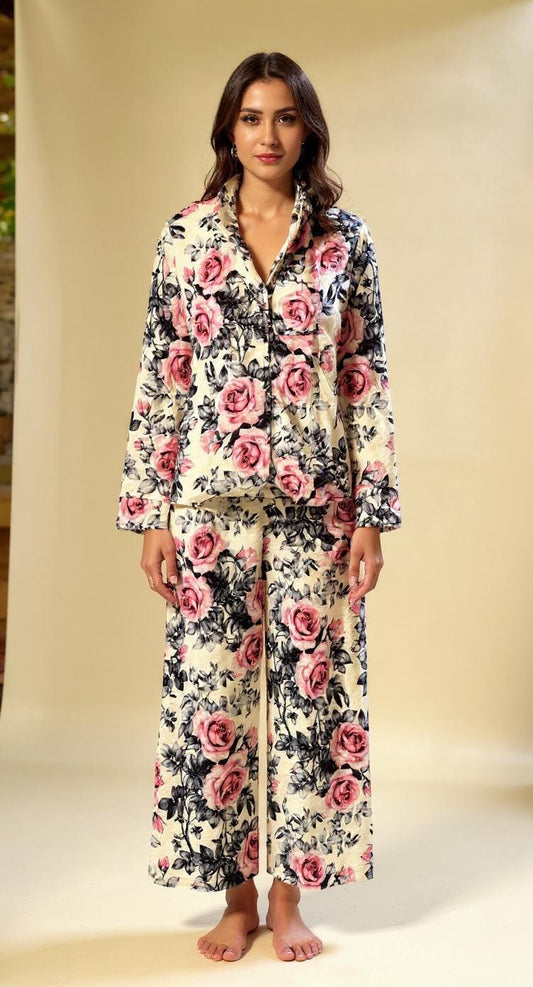 Fushia flowers fur buttoned set