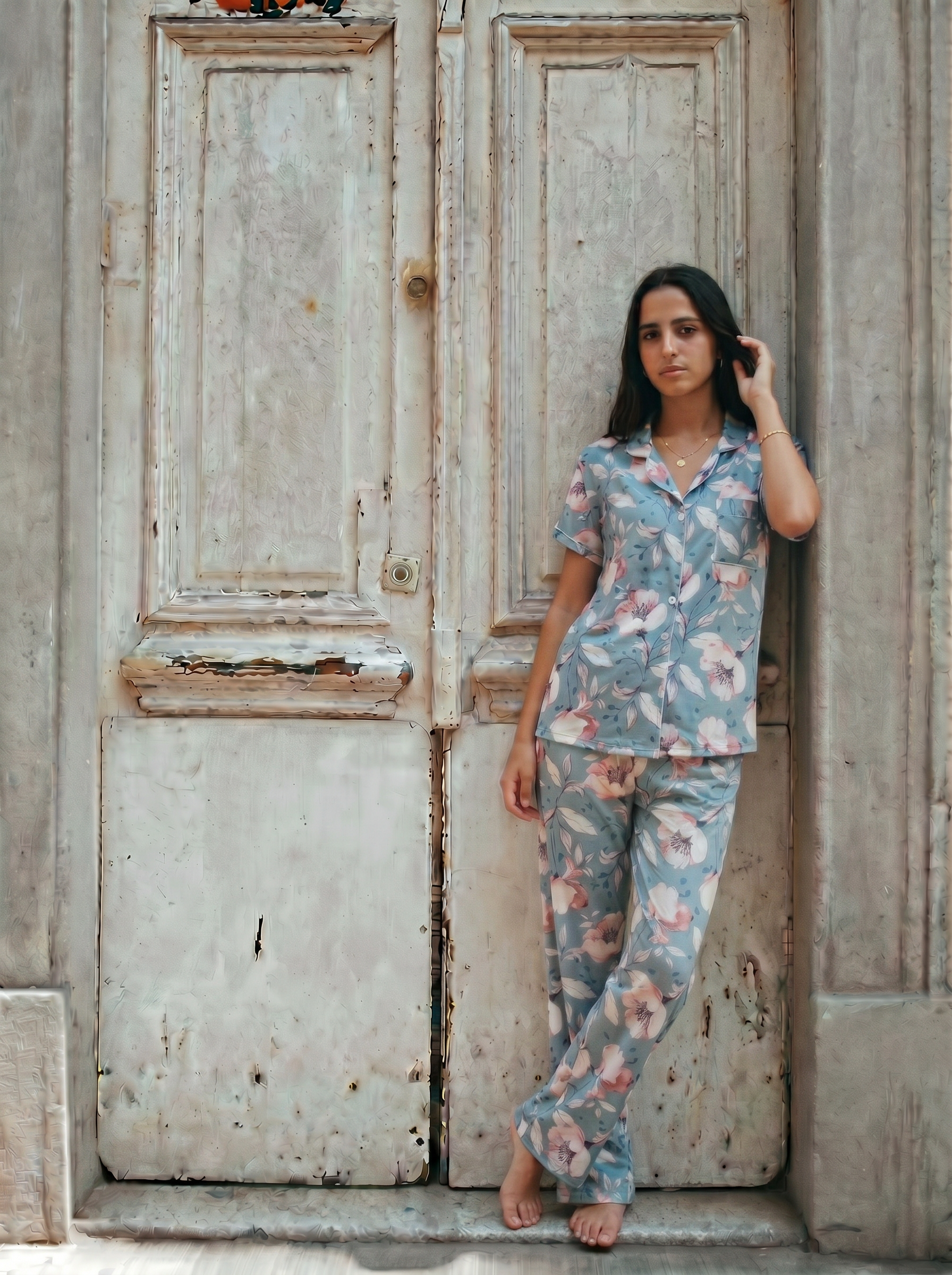 Sky half sleeves buttoned set