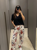 Maroon feathers pants with black viscose Tshirt