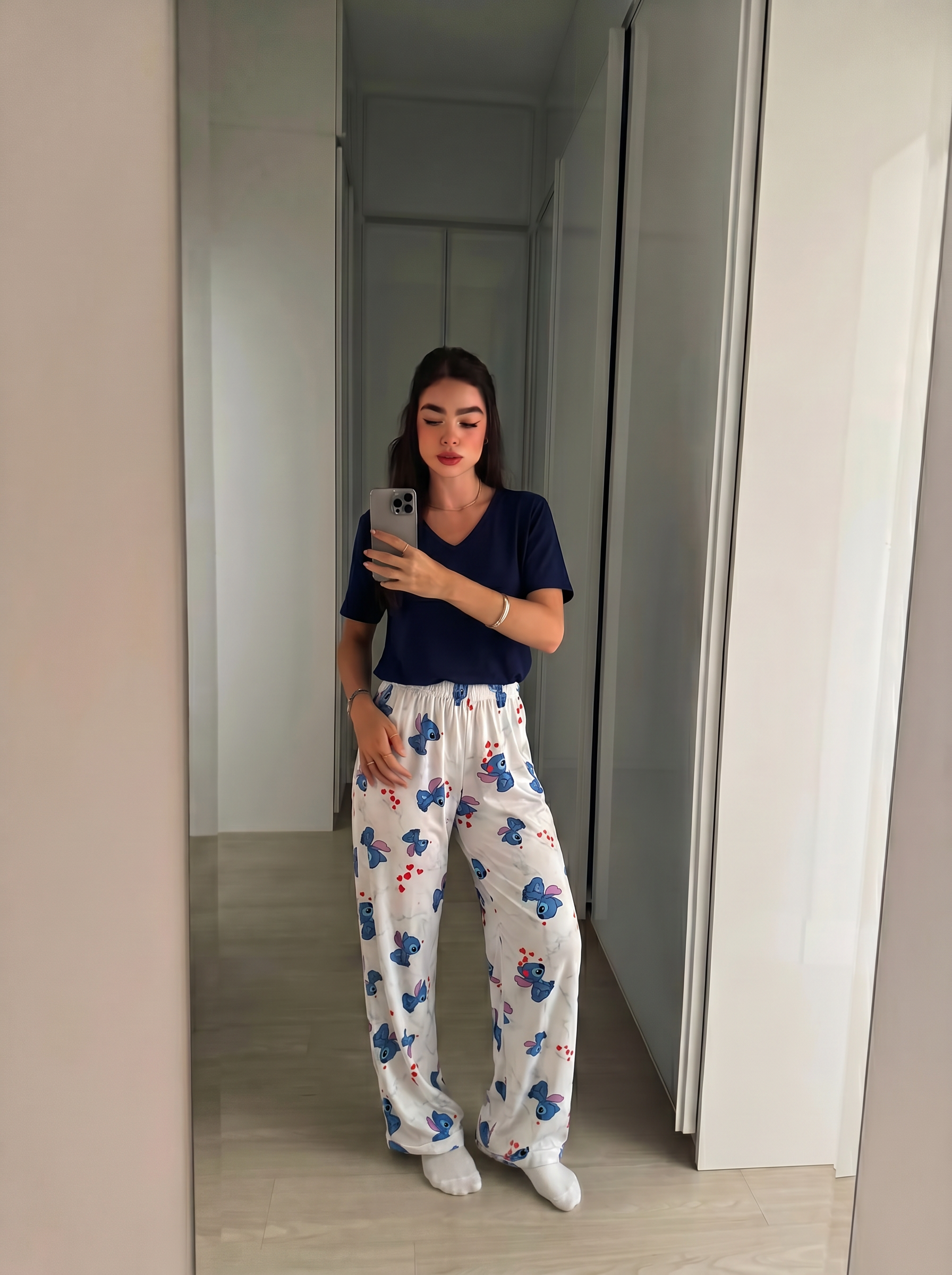 Stitch pants with navy viscose tshirt