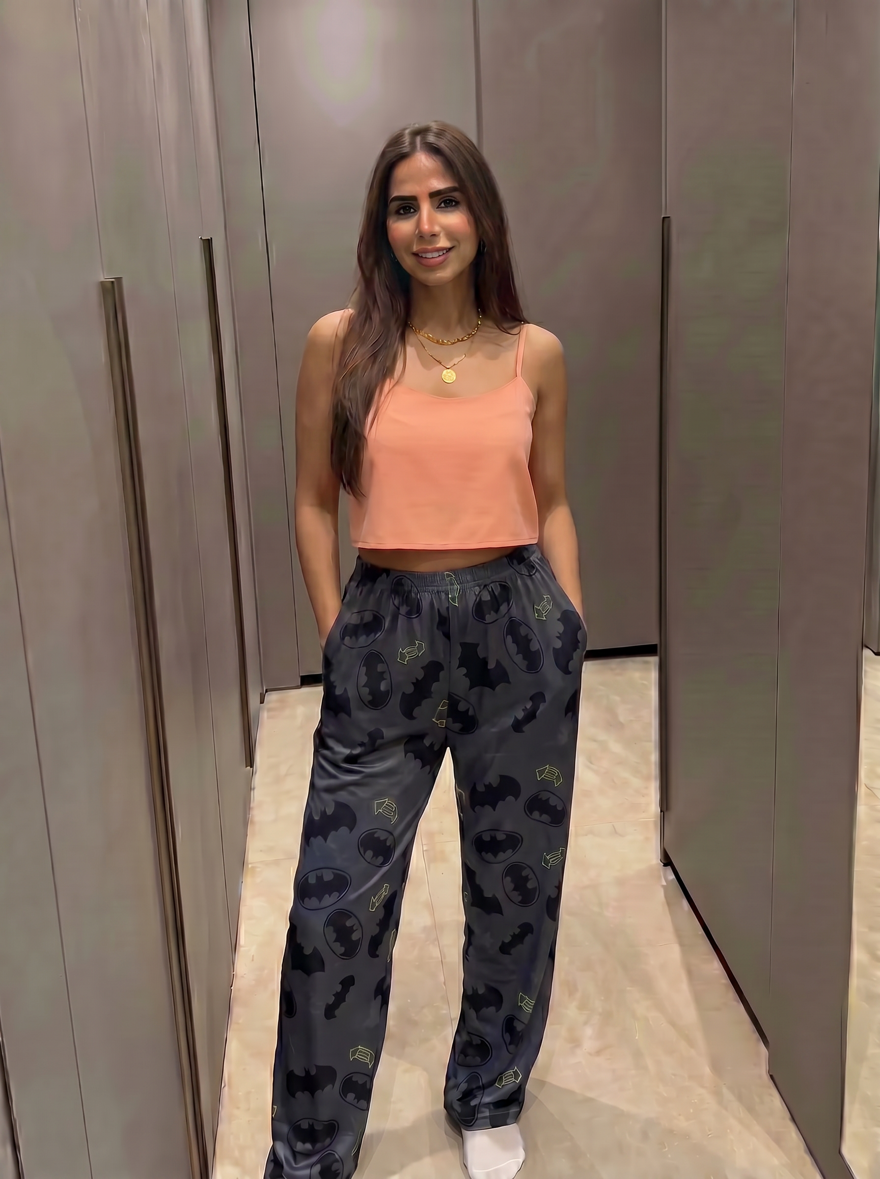Grey batman pants with dark simon cut top