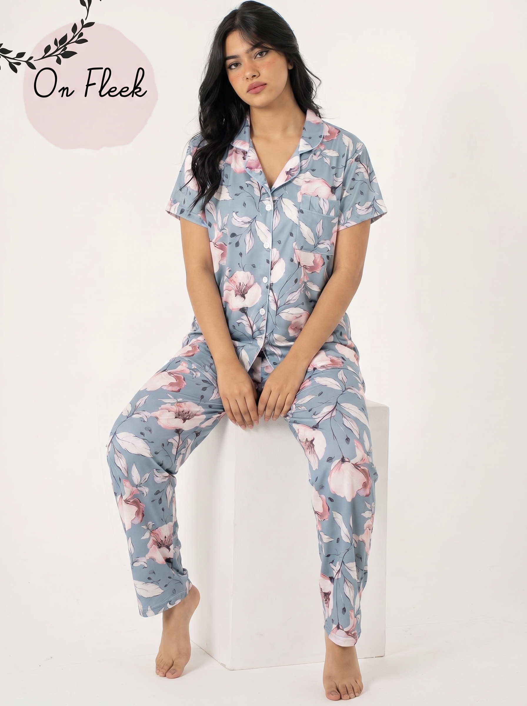 Sky half sleeves buttoned set