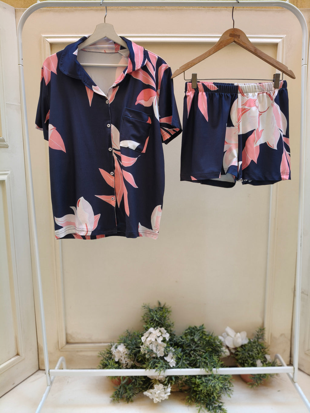 Navy pink buttoned floral set