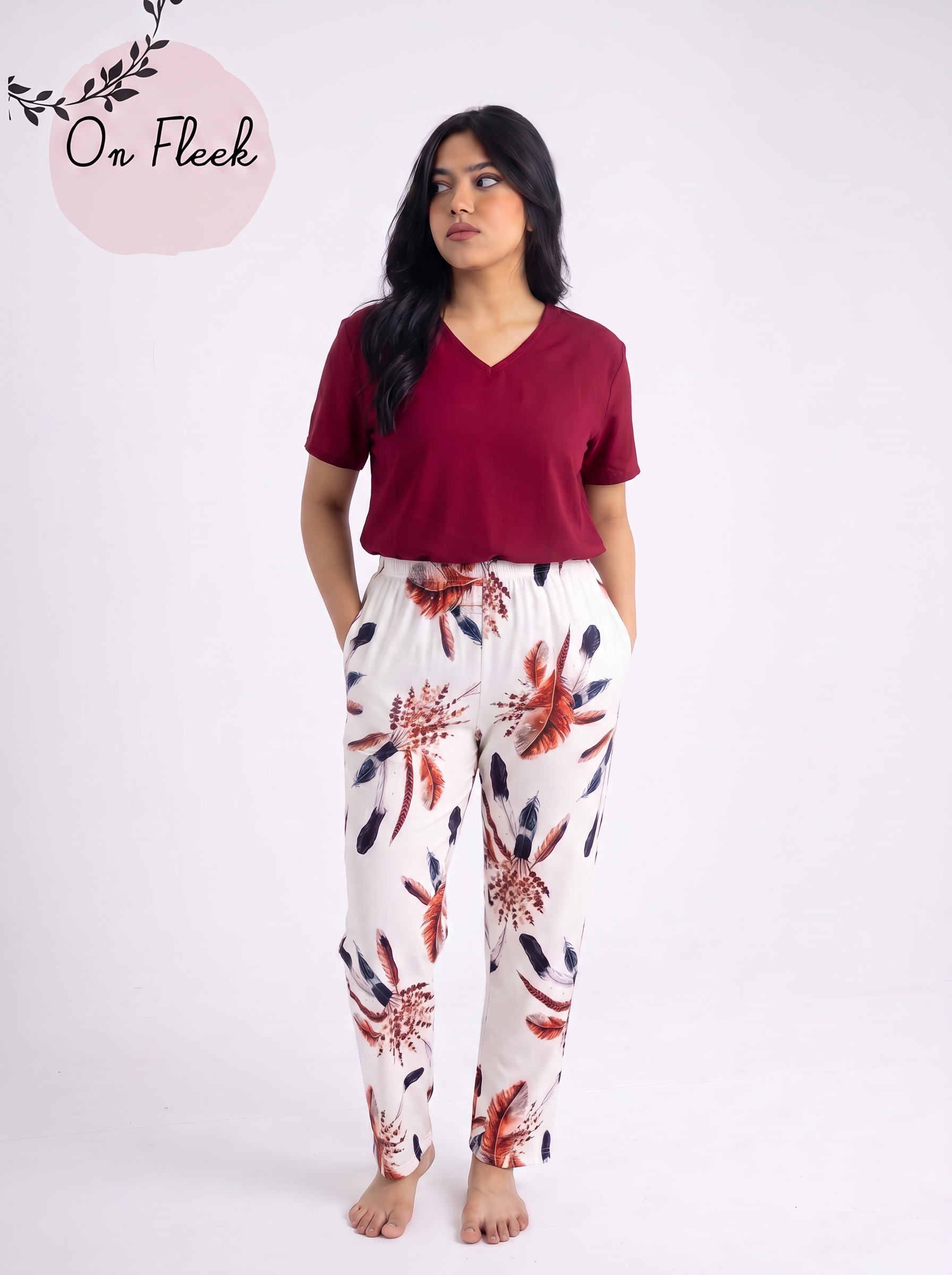 Burgundy Viscose Tshirt with feathers pants