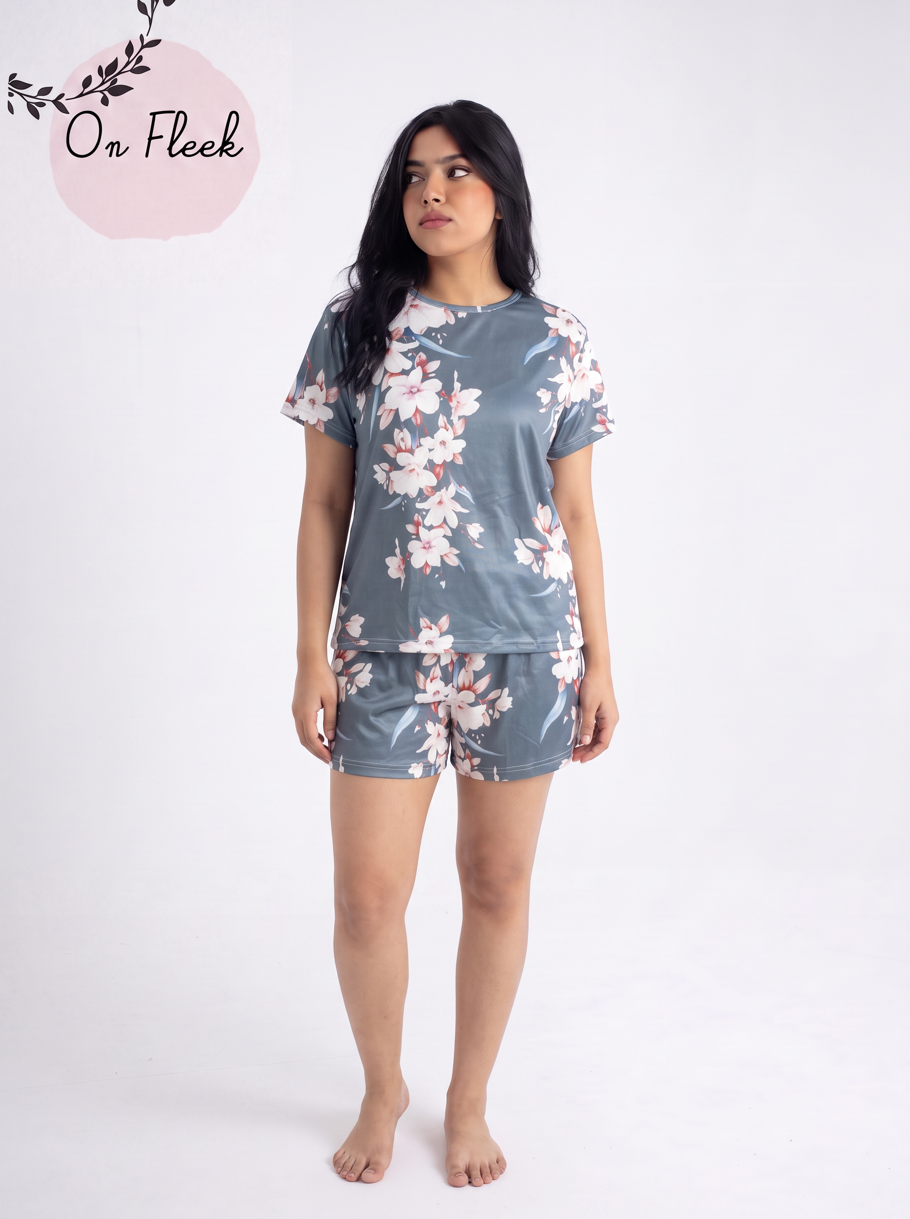 Grey flowers half sleeves and short set