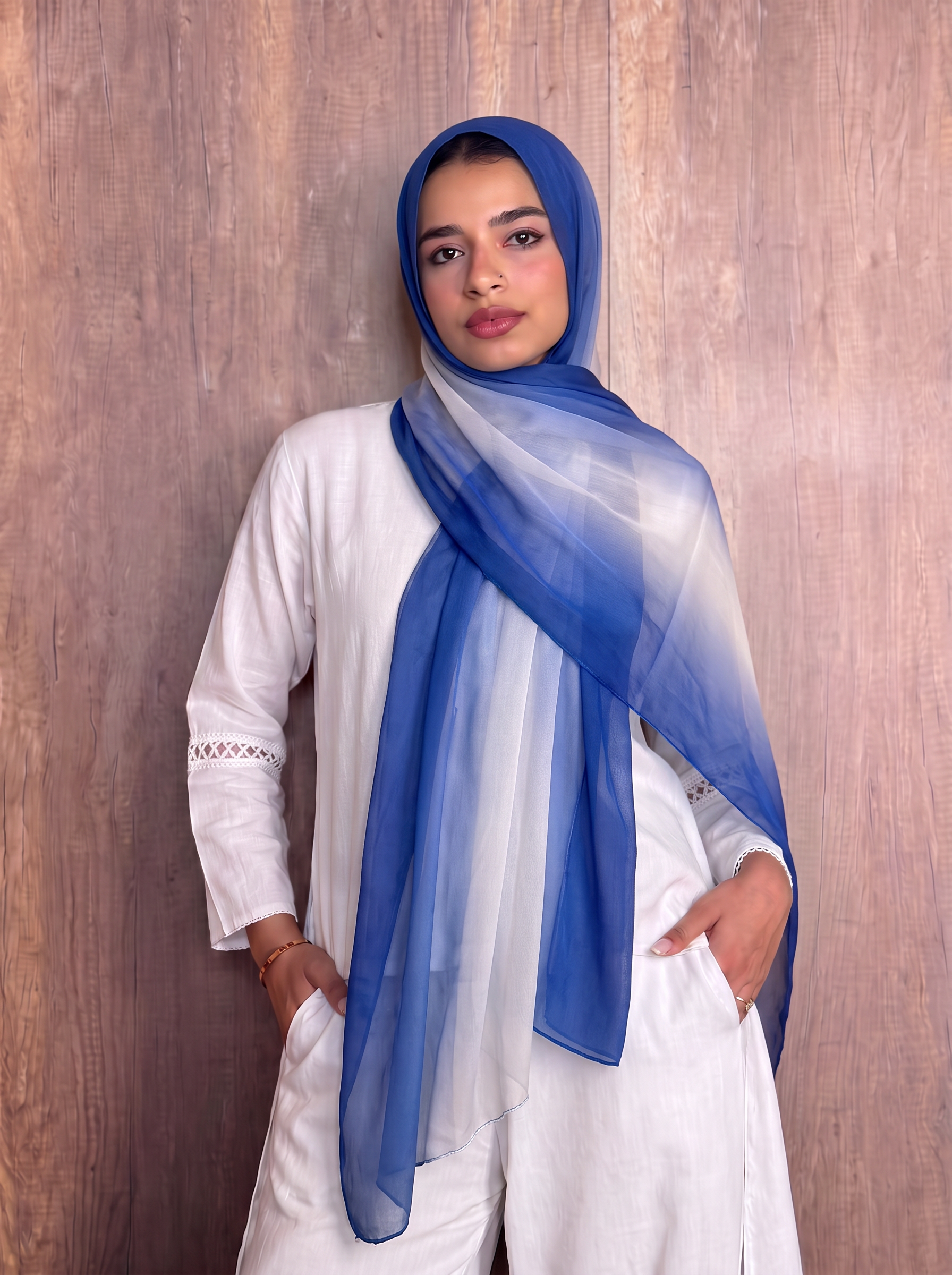Ombre chiffon electric blue and white scarf