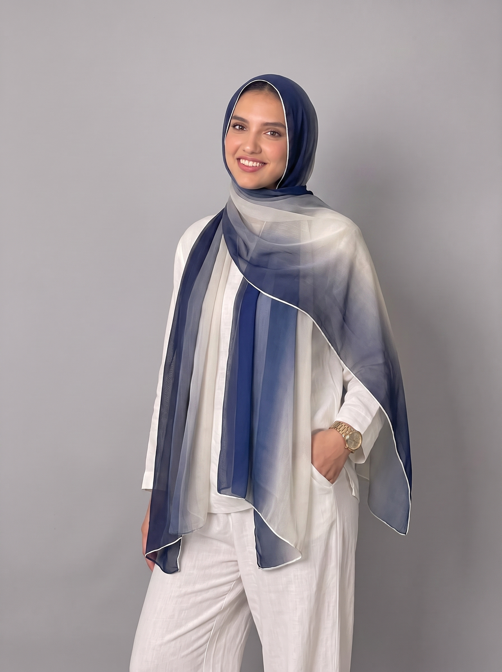 Ombre chiffon navy off white scarf