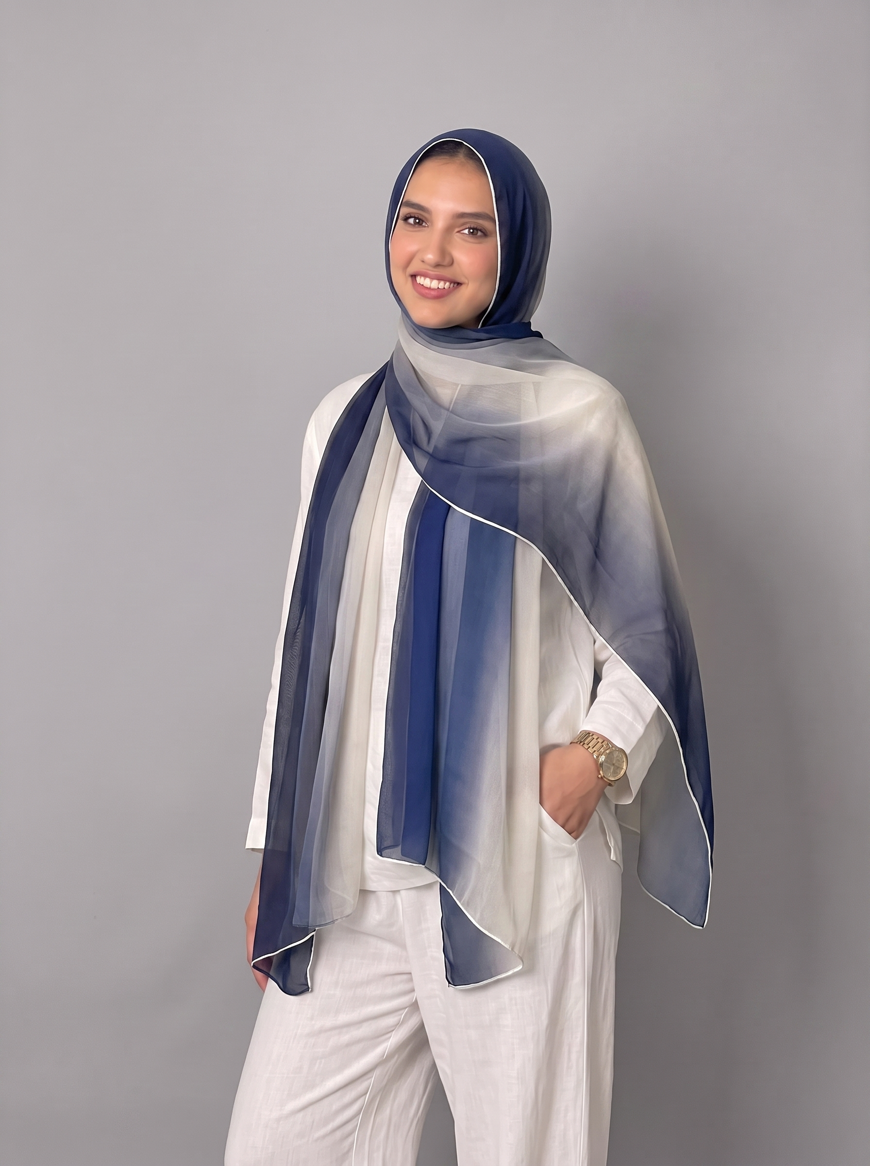 Ombre chiffon navy off white scarf