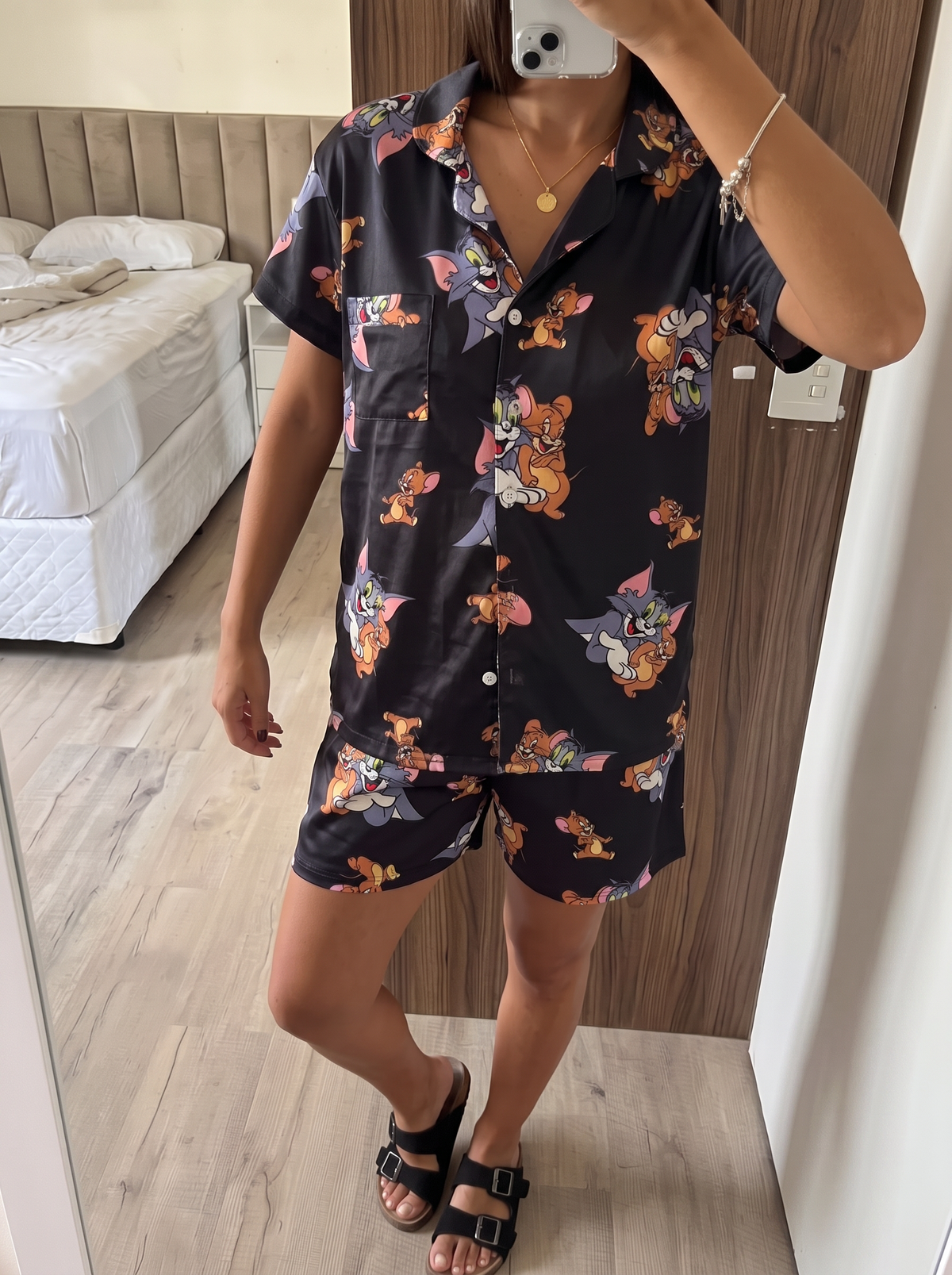 Black tom and jerry buttoned top and short set