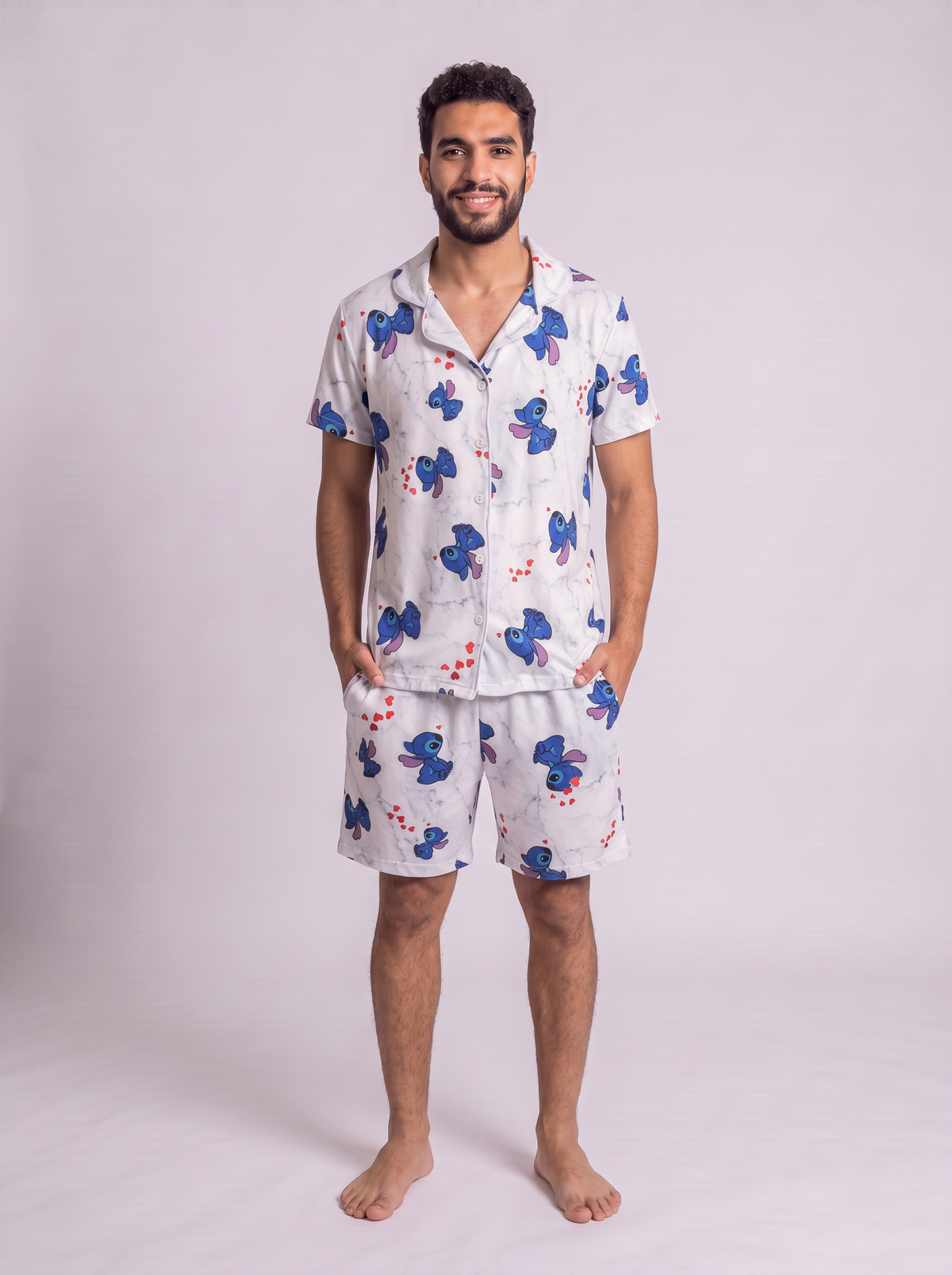 Stitch half sleeves buttoned top and short set