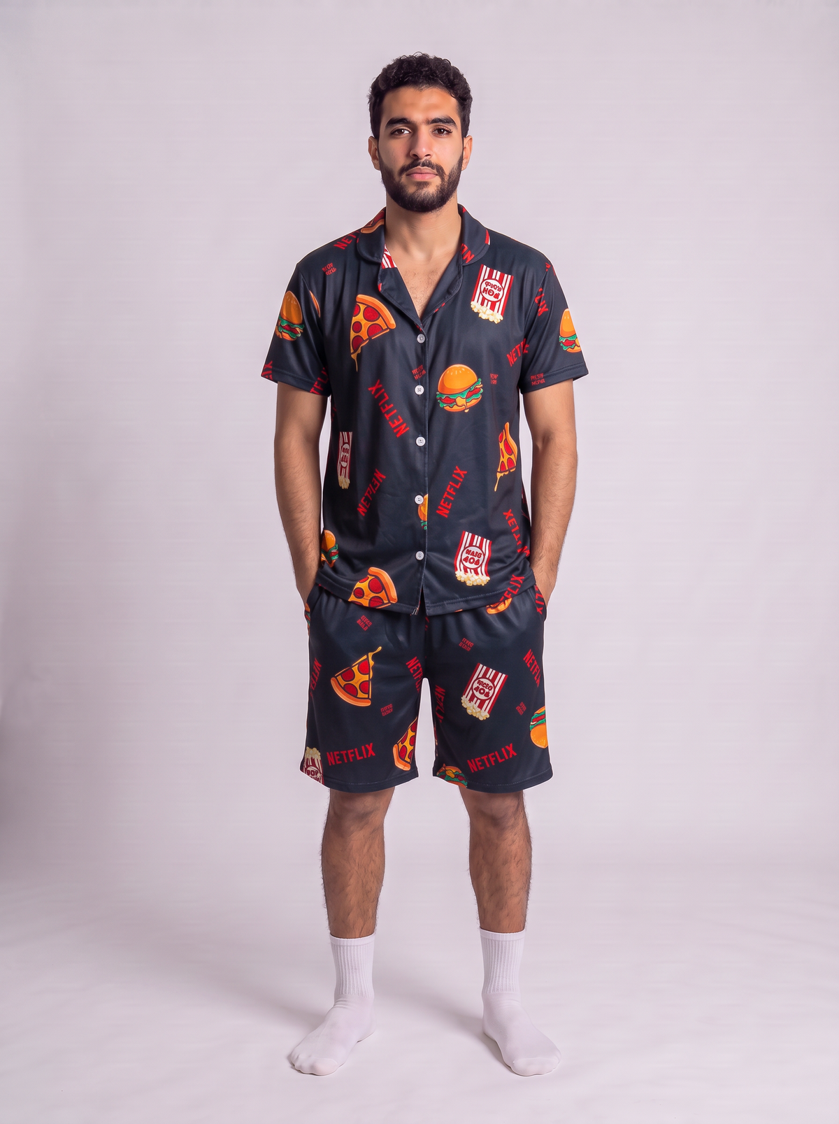 Black netflix buttoned half sleeves and short set men
