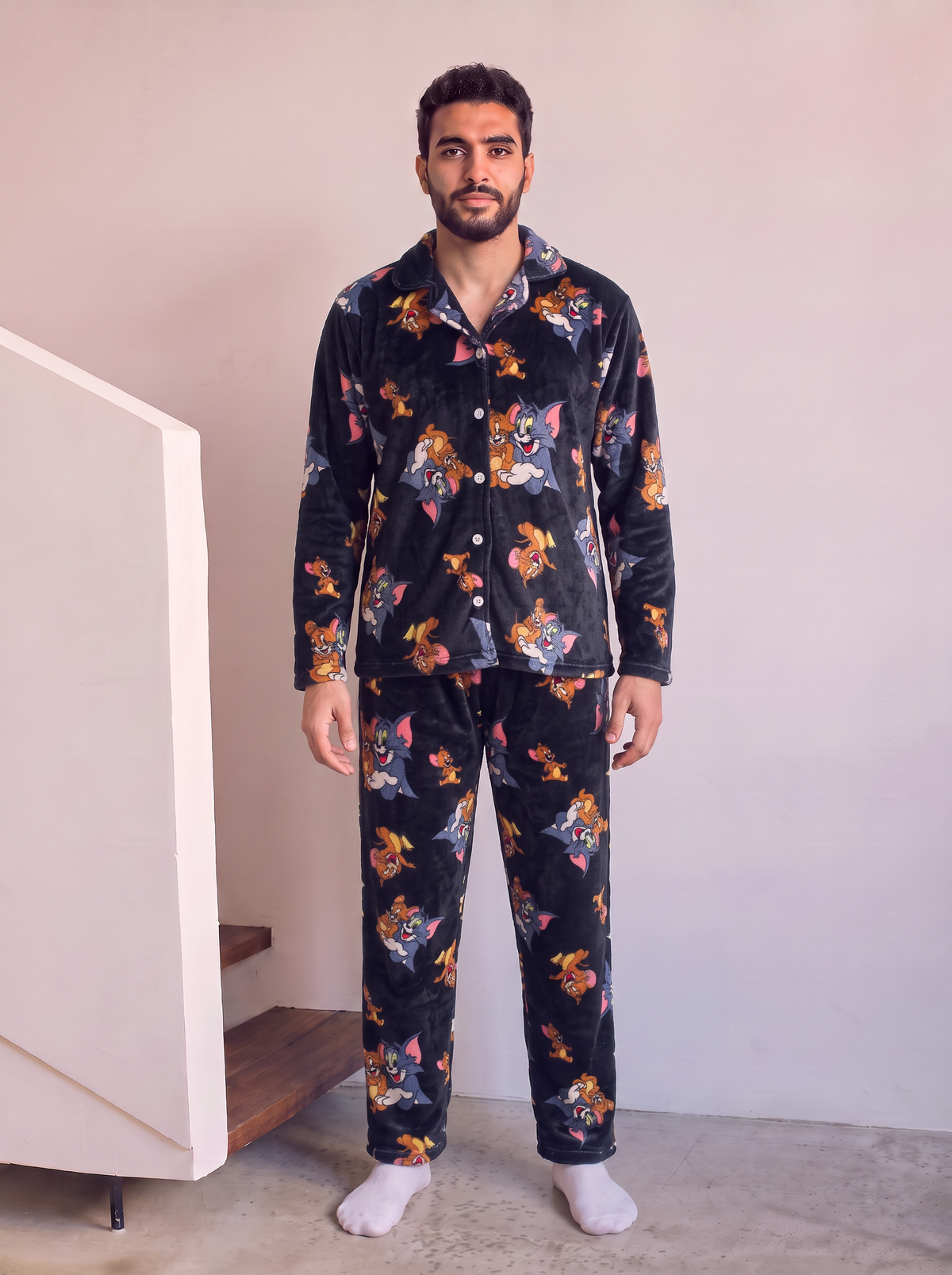Black tom and jerry buttoned velvet set